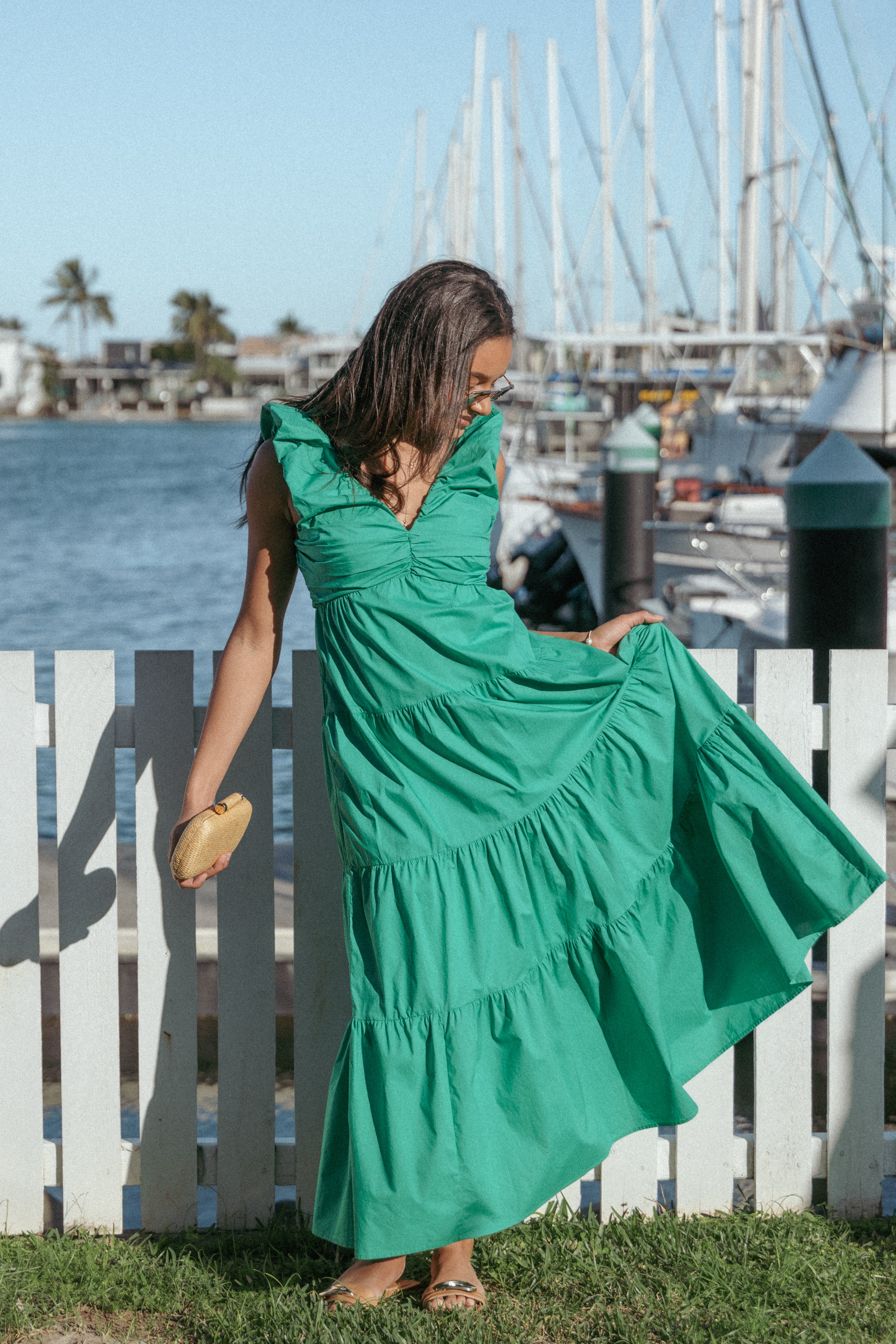 Elina Cotton Maxi Dress with V Neckline & Empire Waist - Green