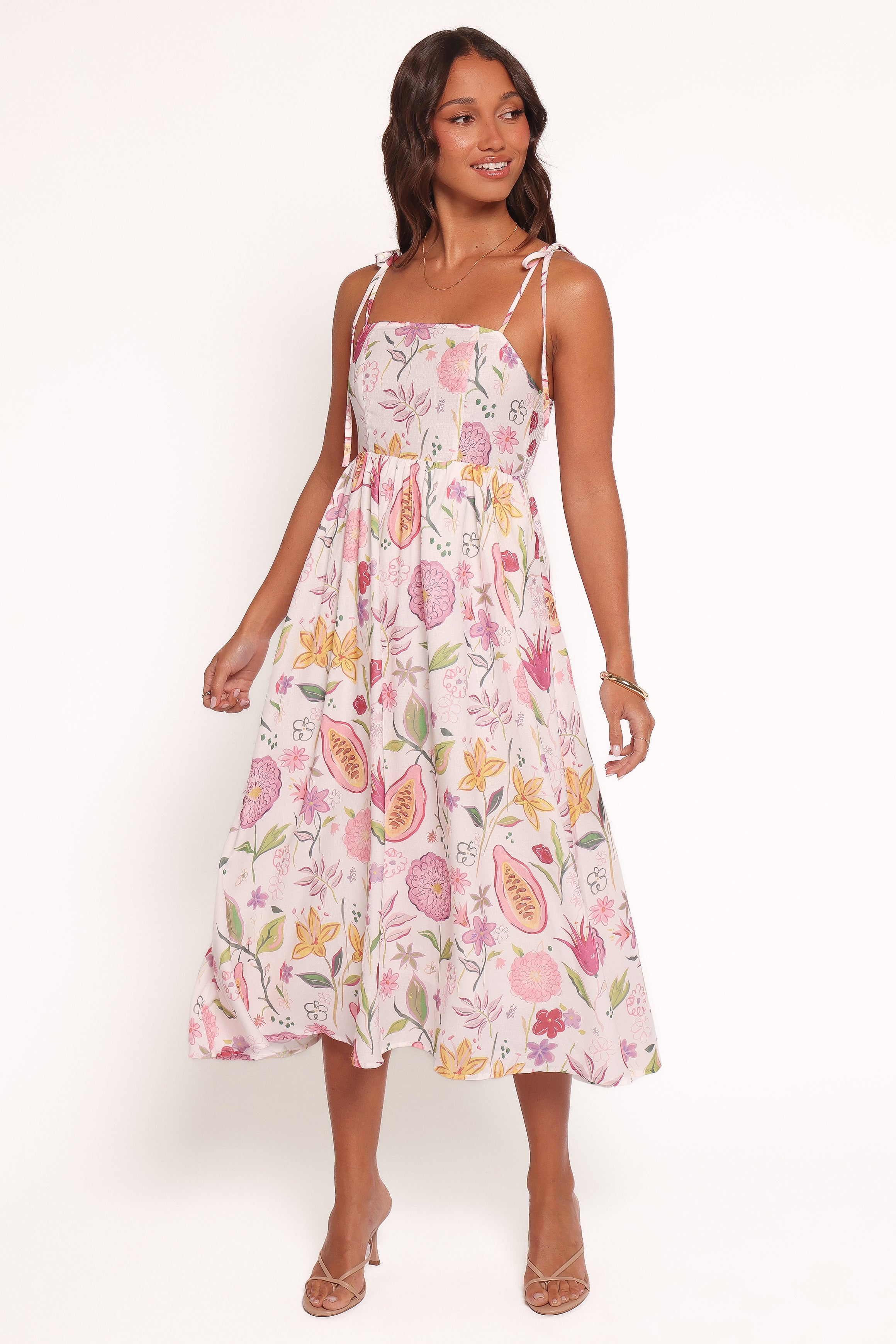 Stazie Floral Linen Midi Dress - Square Neck & Empire Waist
