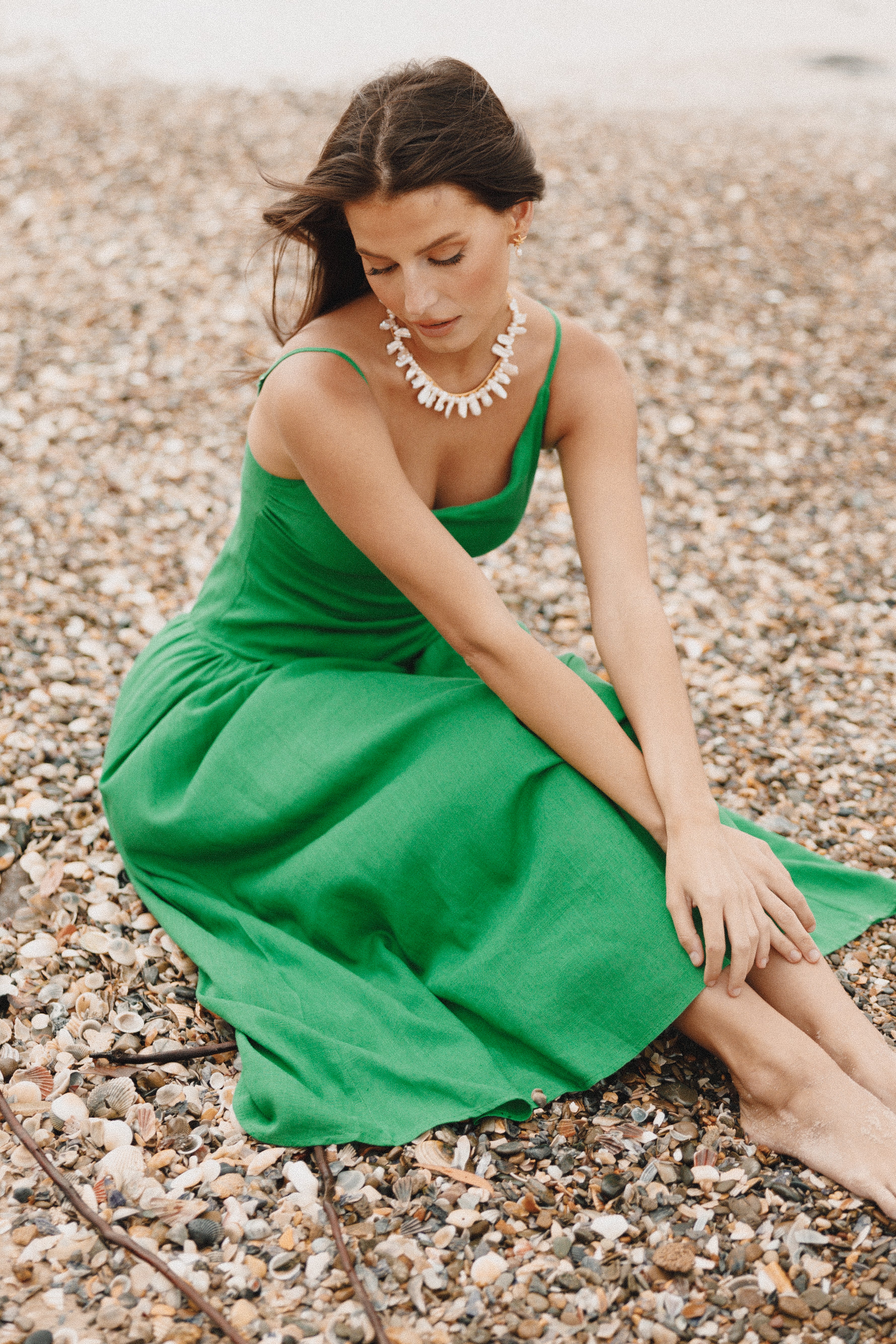 Shiloh Green Midi Dress with Adjustable Straps & Asymmetric Neckline