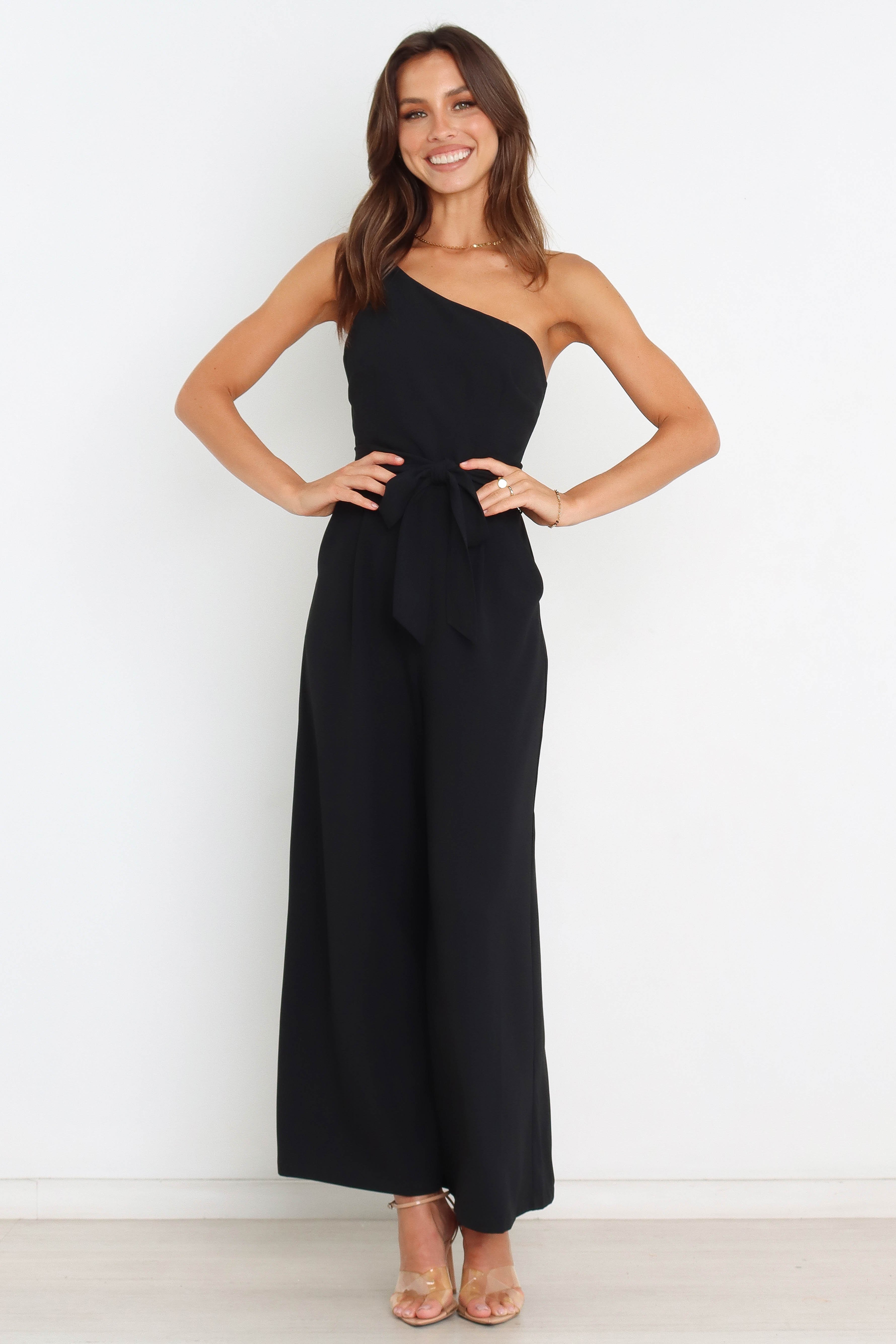 Leyton One Shoulder Jumpsuit with Waist Tie - Black