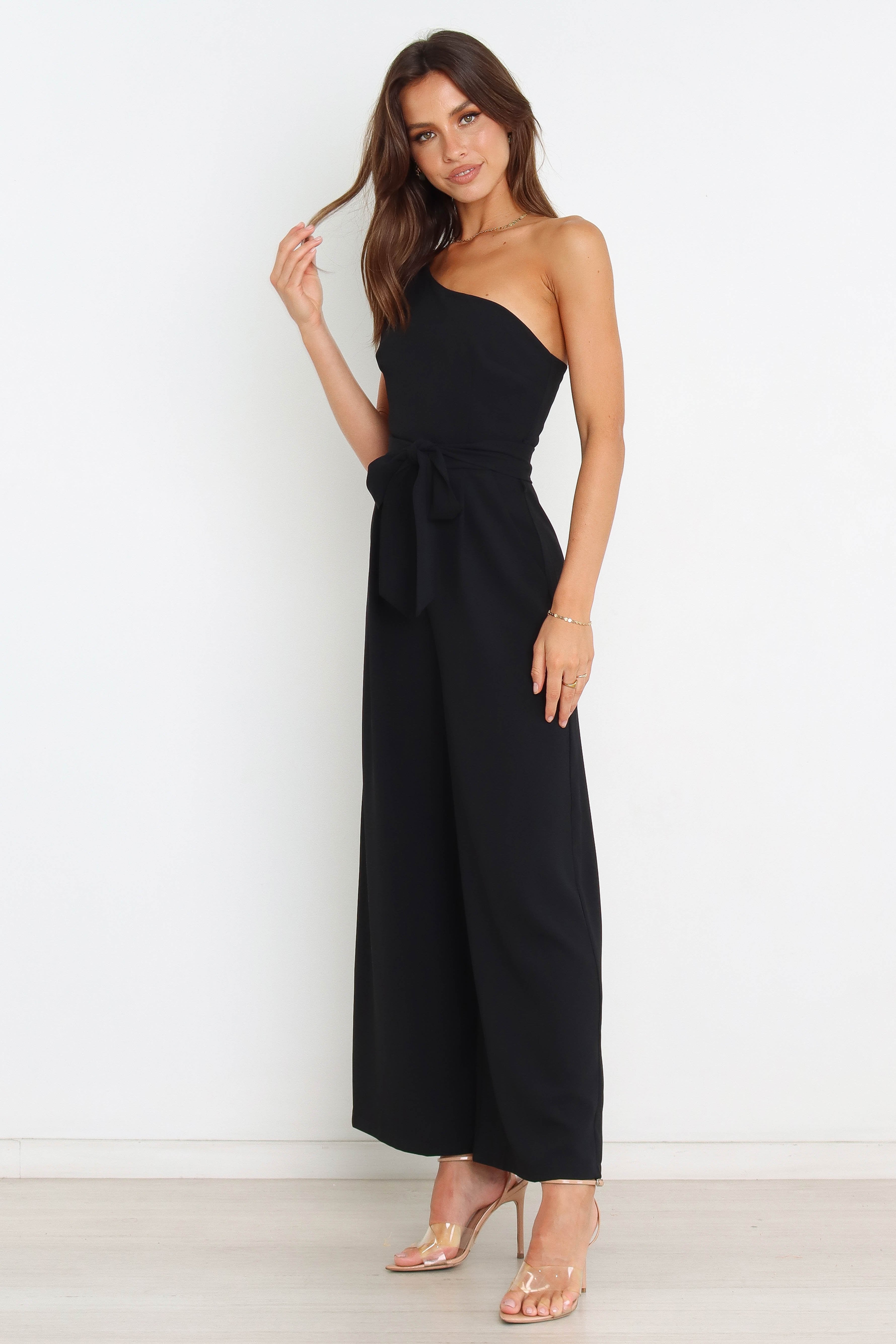 Leyton One Shoulder Jumpsuit with Waist Tie - Black
