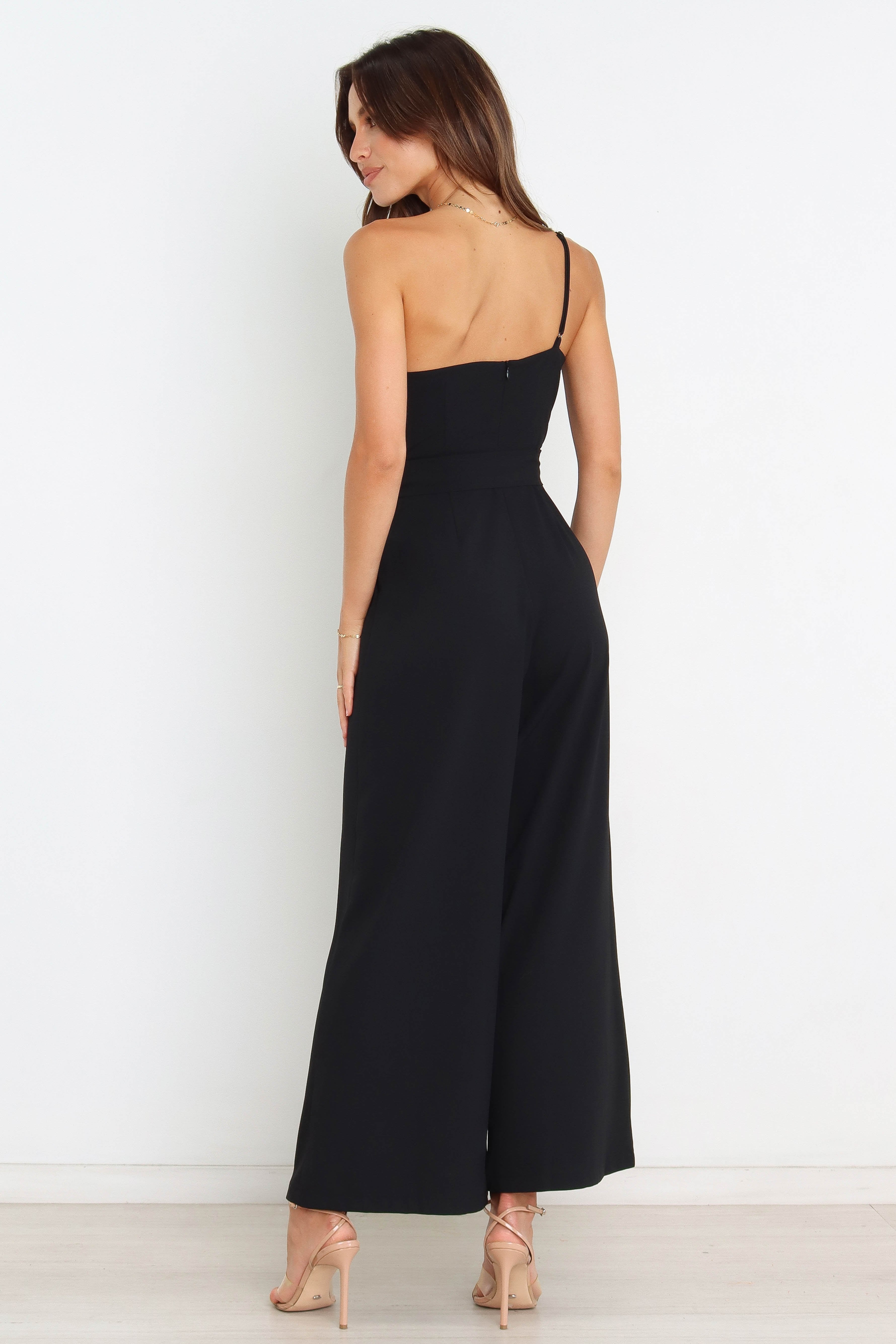Leyton One Shoulder Jumpsuit with Waist Tie - Black