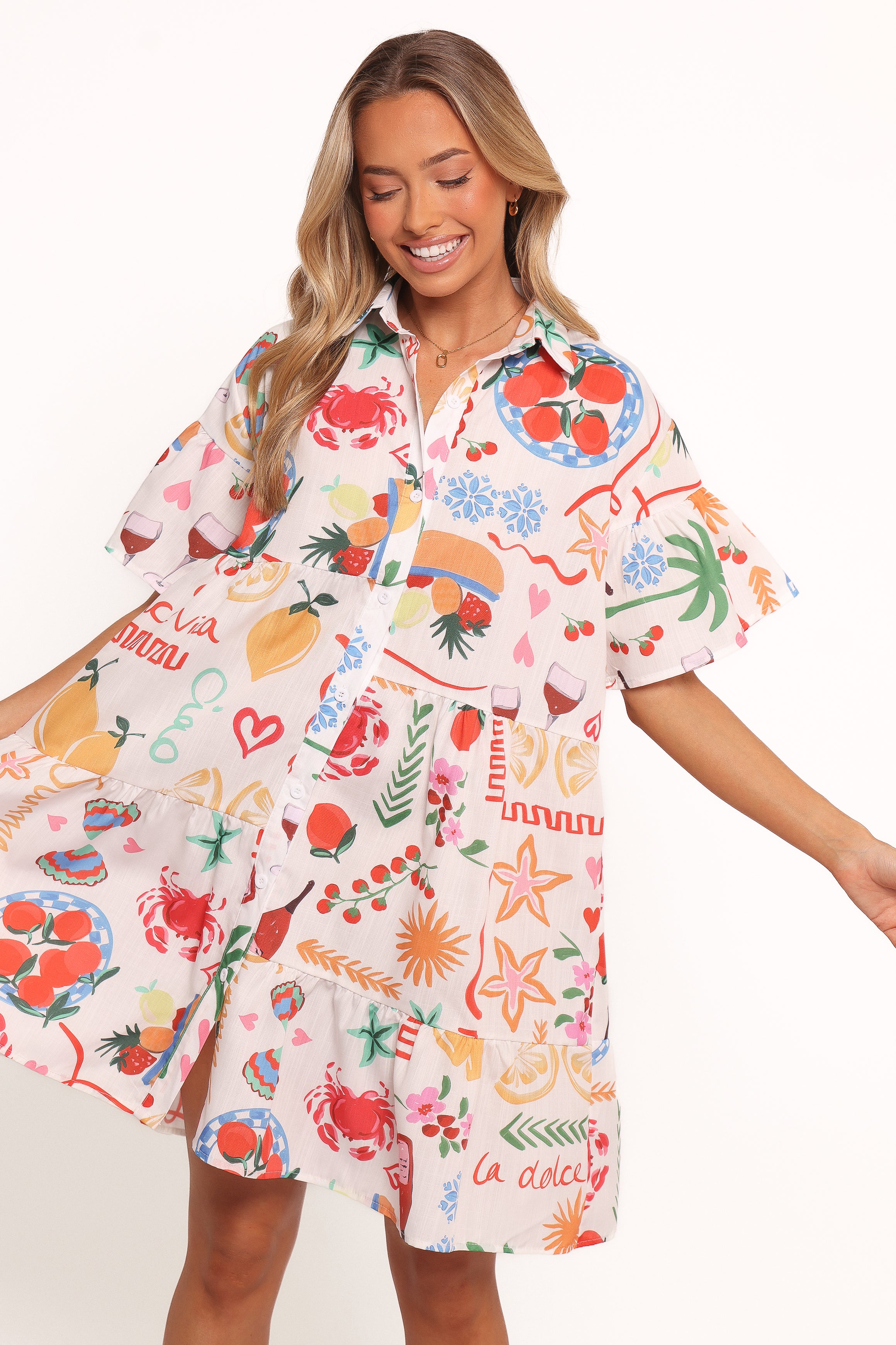 Peachy Mini Linen Dress - Flared Cuff & Tiered Skirt