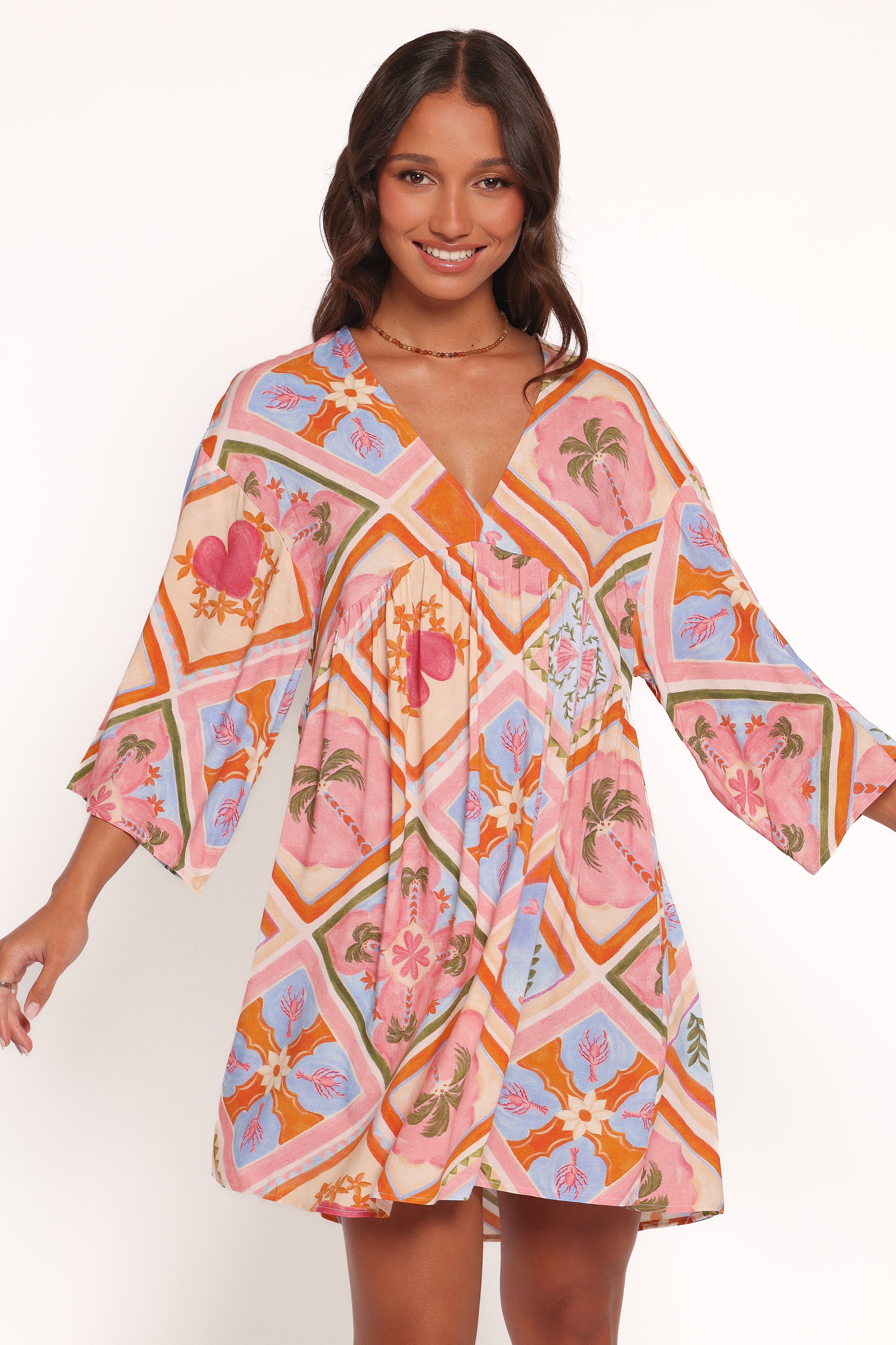 Zanna Mini Dress with V-Neck & Pockets - Multi Tile Rayon
