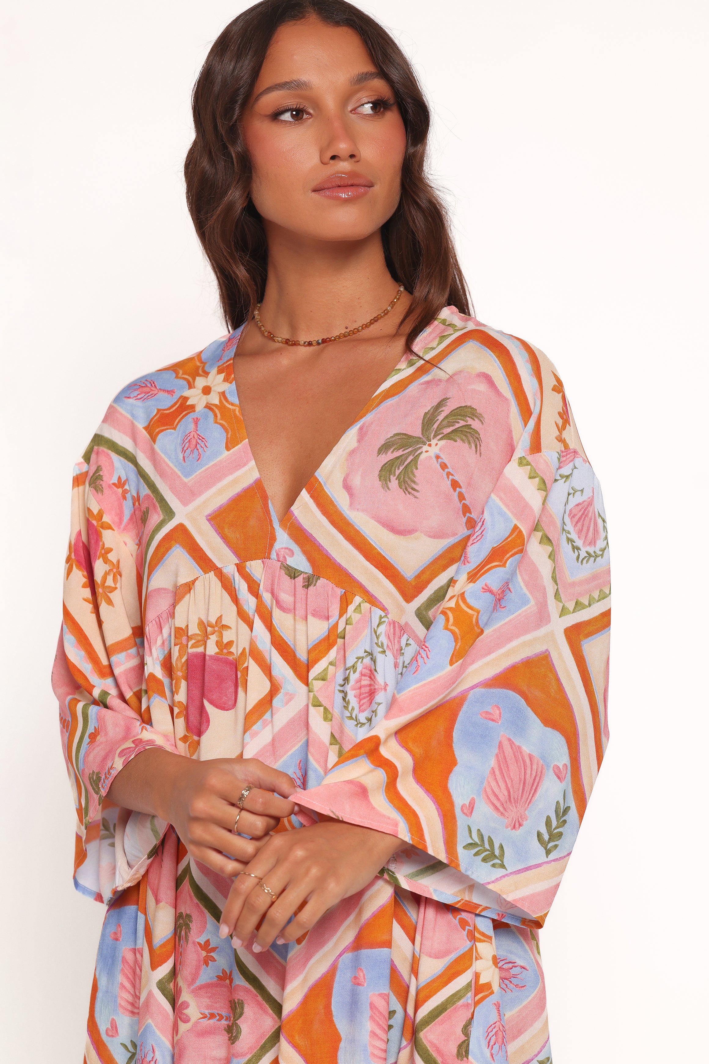 Zanna Mini Dress with V-Neck & Pockets - Multi Tile Rayon
