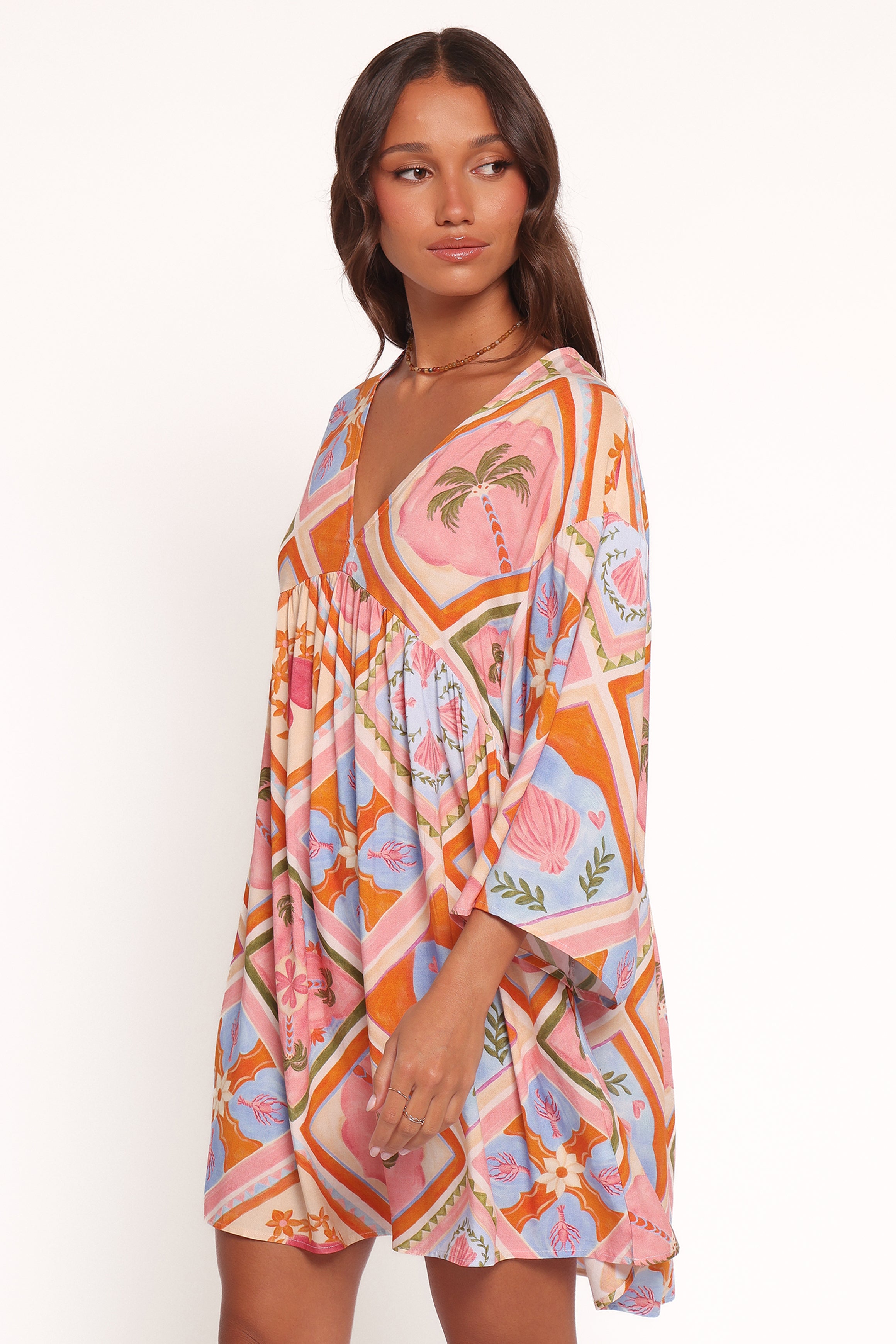 Zanna Mini Dress with V-Neck & Pockets - Multi Tile Rayon