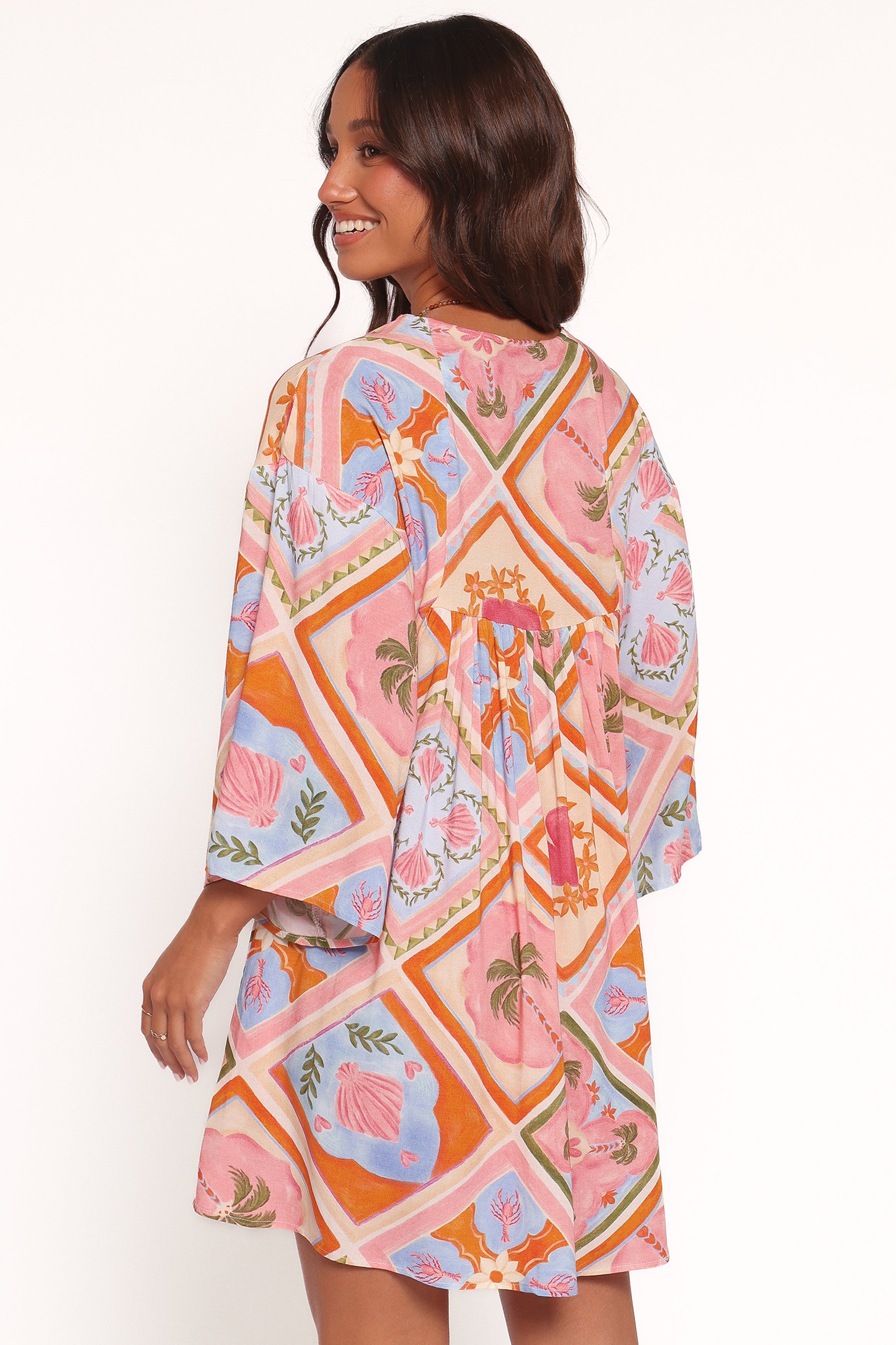 Zanna Mini Dress with V-Neck & Pockets - Multi Tile Rayon