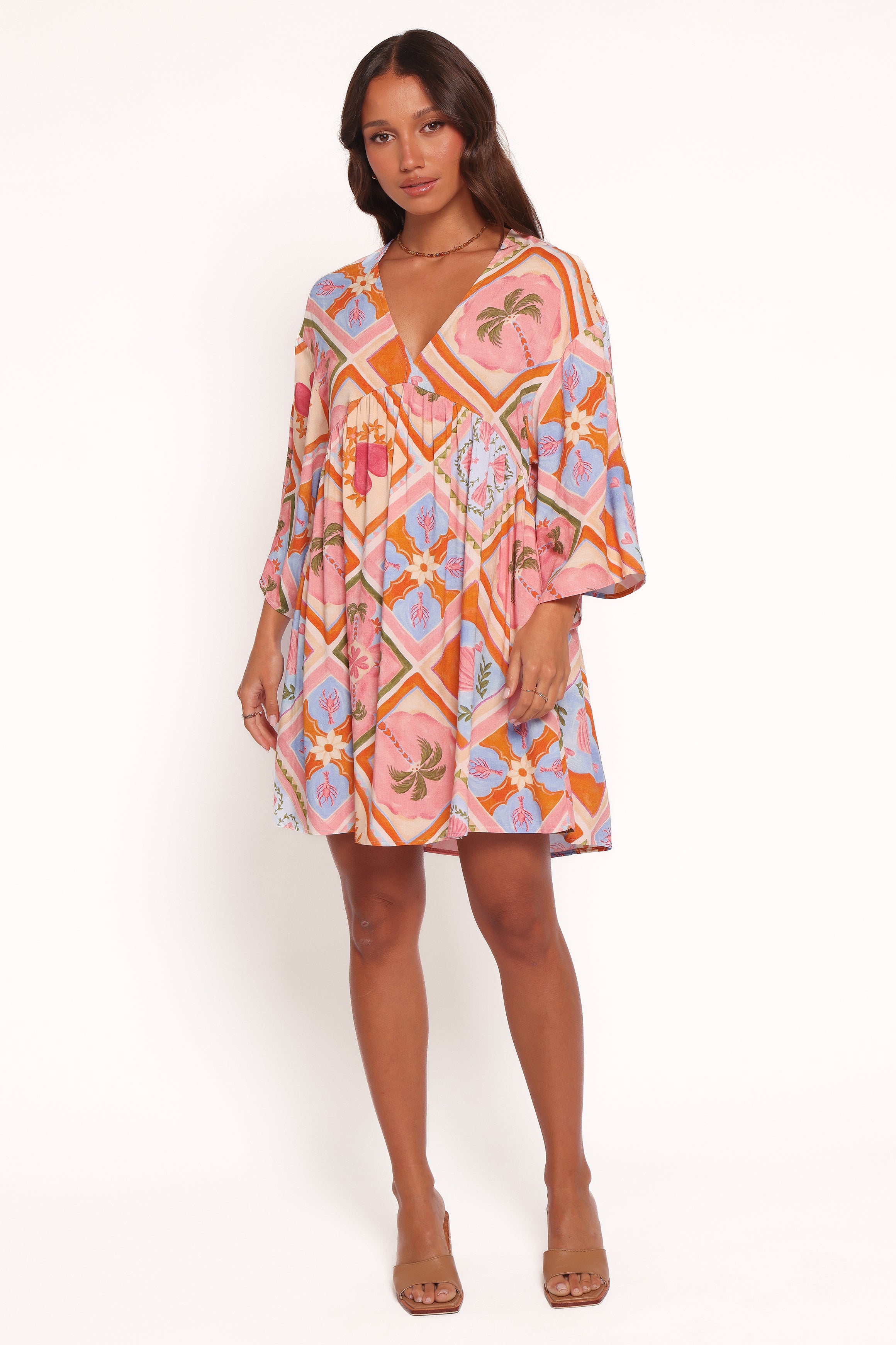 Zanna Mini Dress with V-Neck & Pockets - Multi Tile Rayon