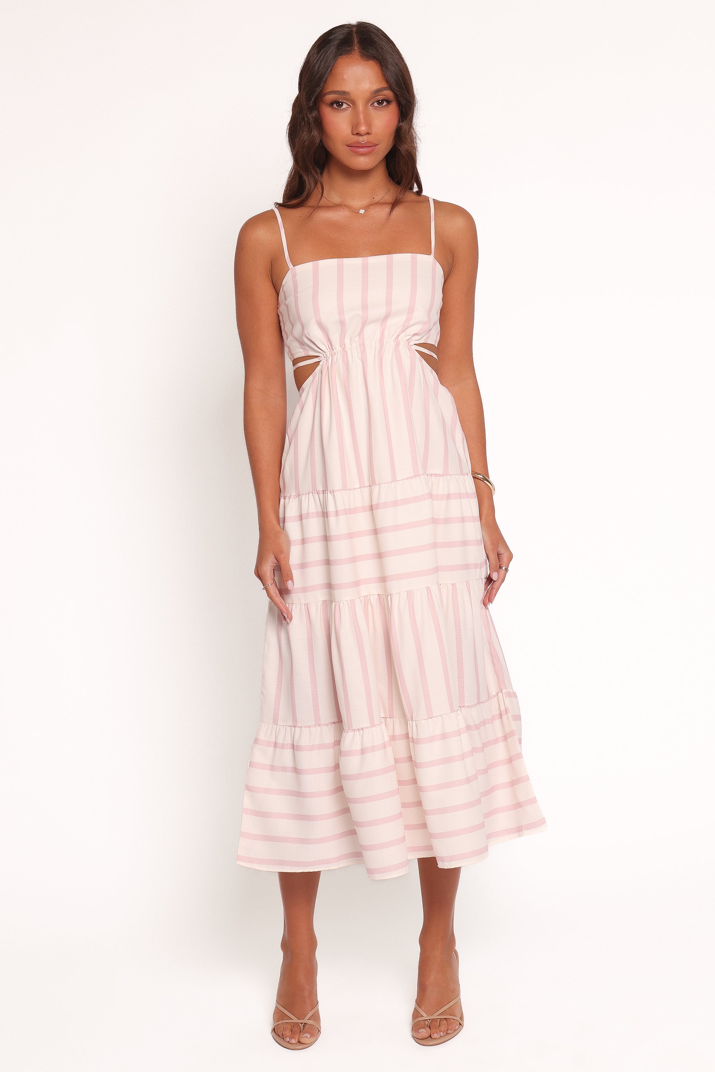 Evelin Pink Stripe Midi Dress with Adjustable Straps & Open Back