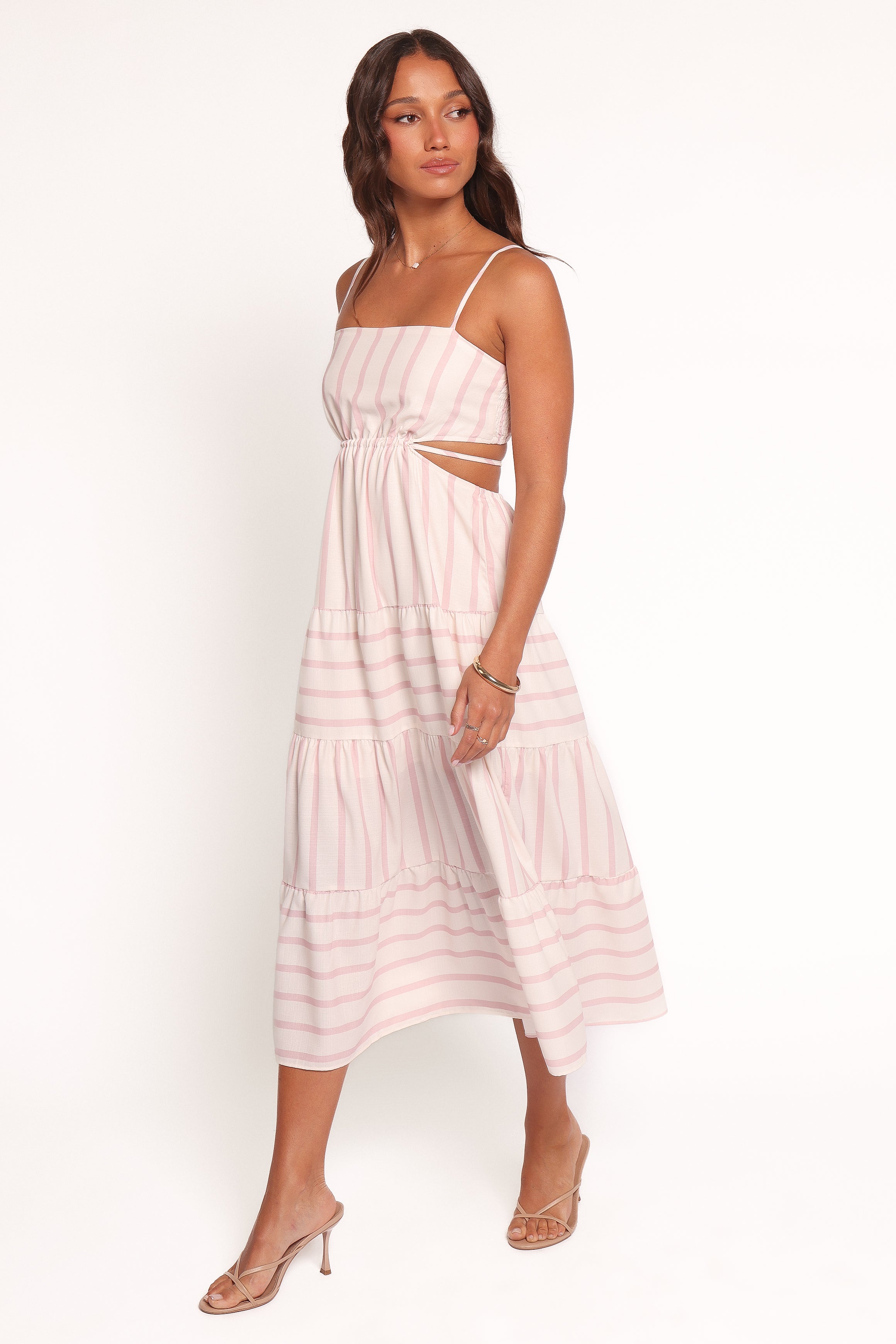 Evelin Pink Stripe Midi Dress with Adjustable Straps & Open Back