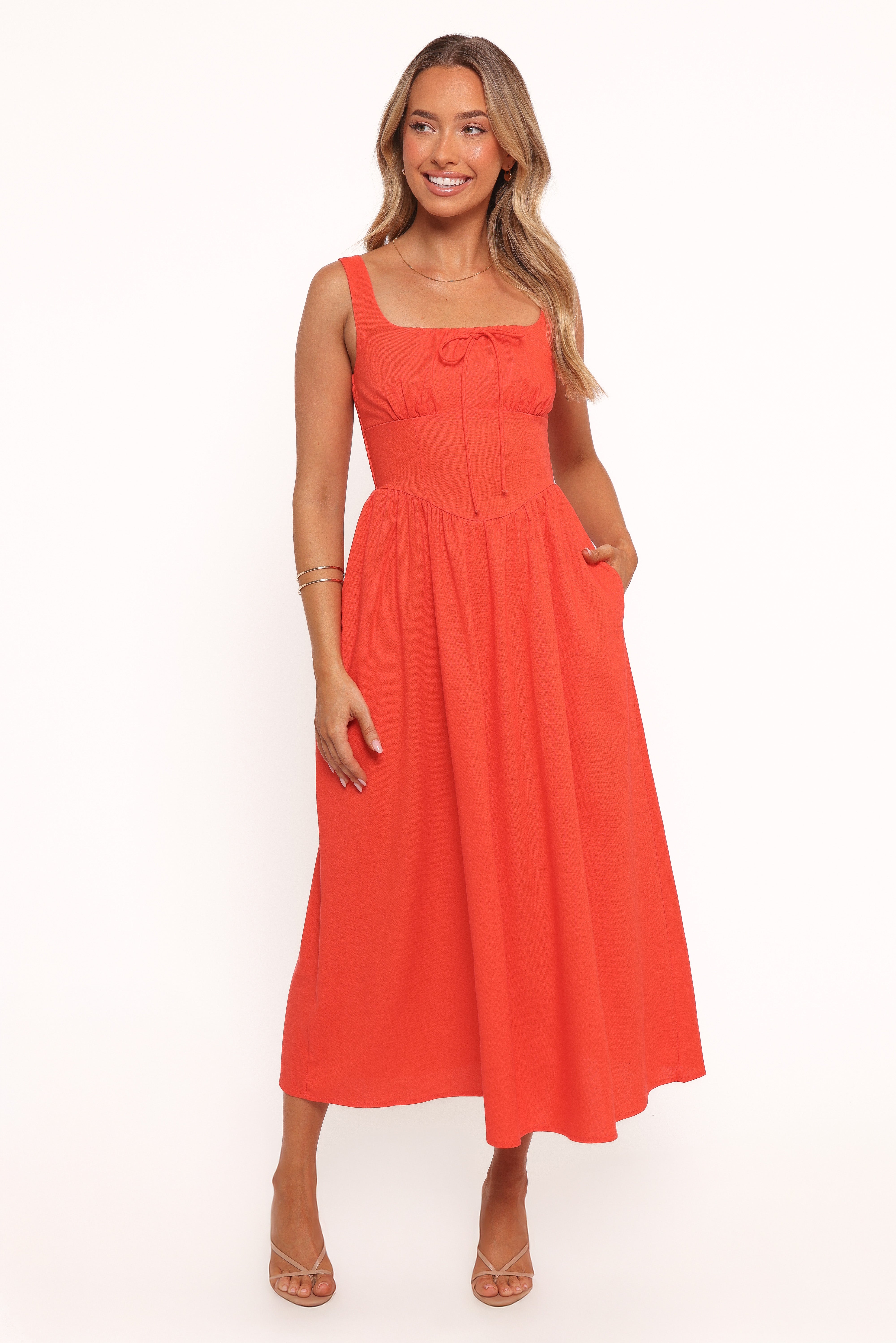 Kinslee Coral Square Neck Midi Dress - Sleeveless Rayon A-Line