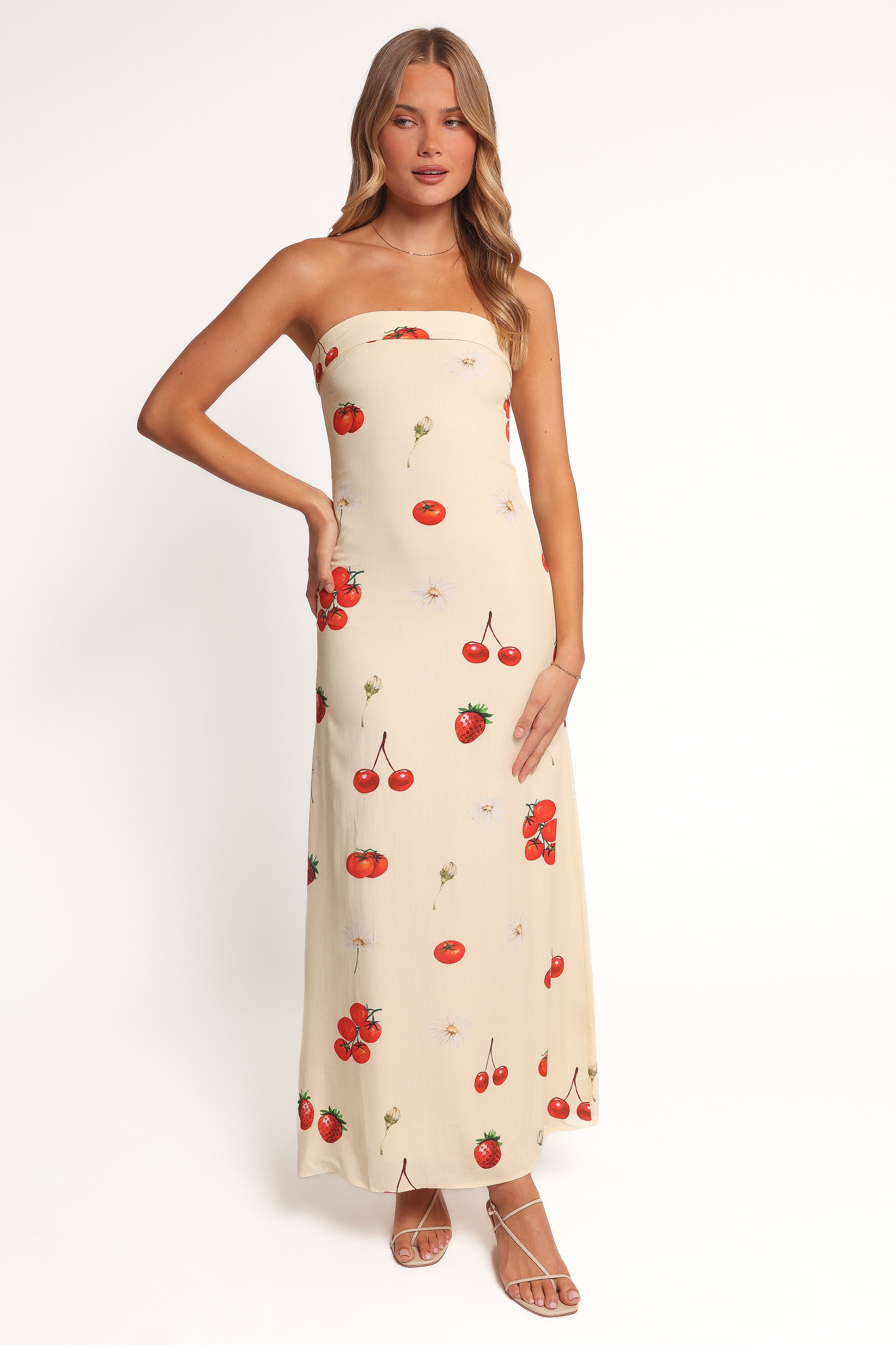 Adela Strapless Maxi Dress - Tomato Print Rayon