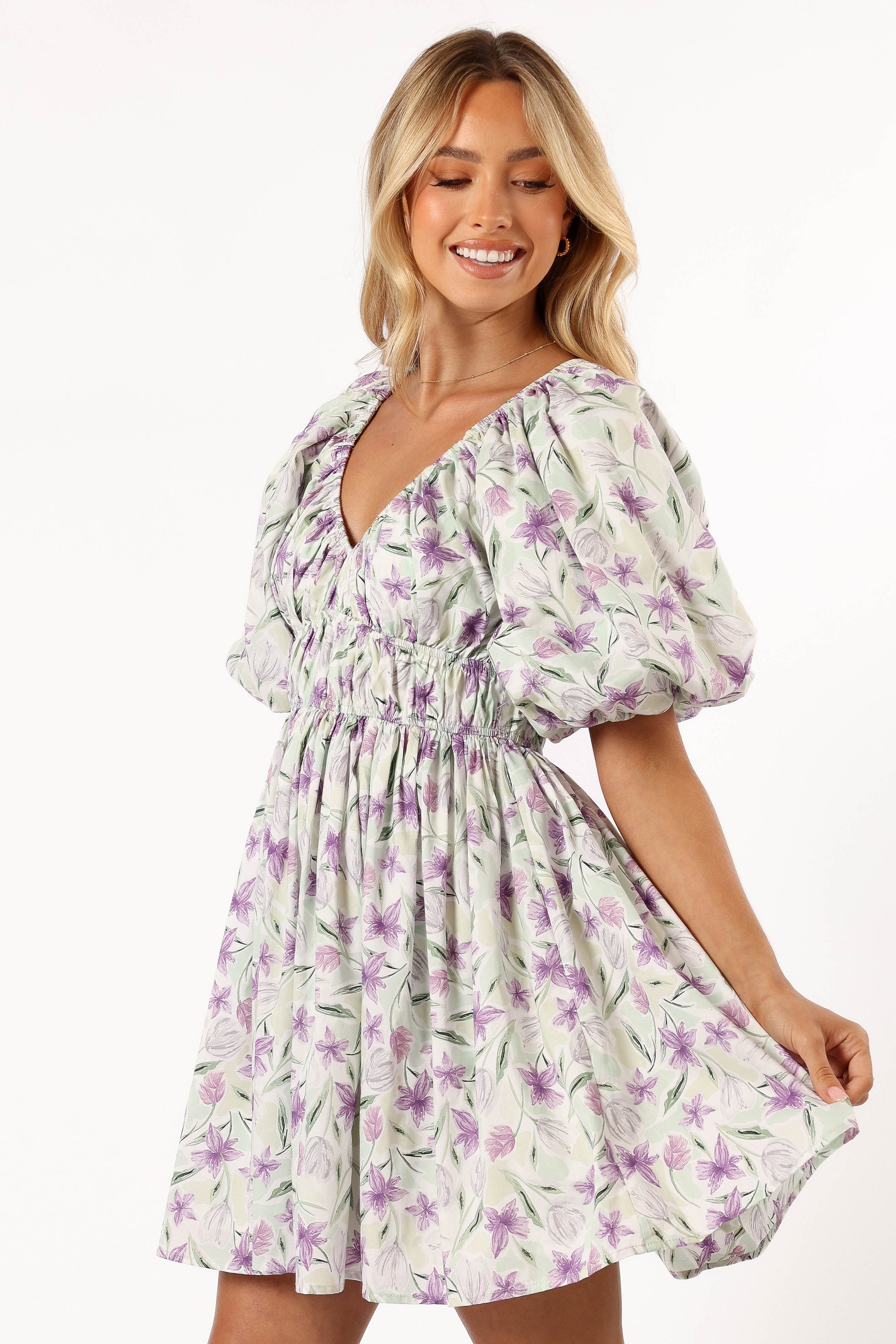 Tenaya Lavender Mini Dress with V-Neck & Elastic Waist