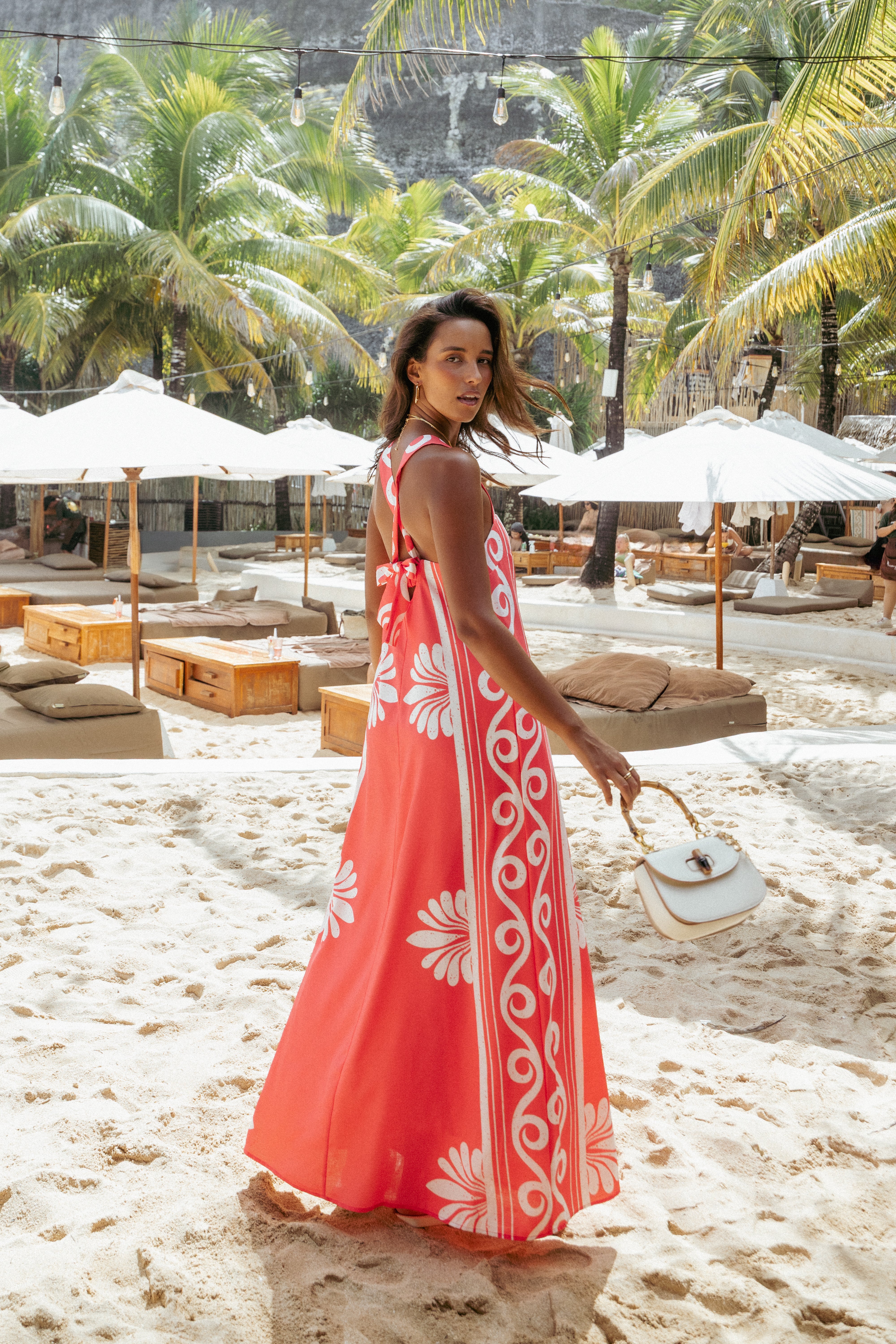 Valeria Coral Square Neck Maxi Dress with Pockets & Cut-Out Back