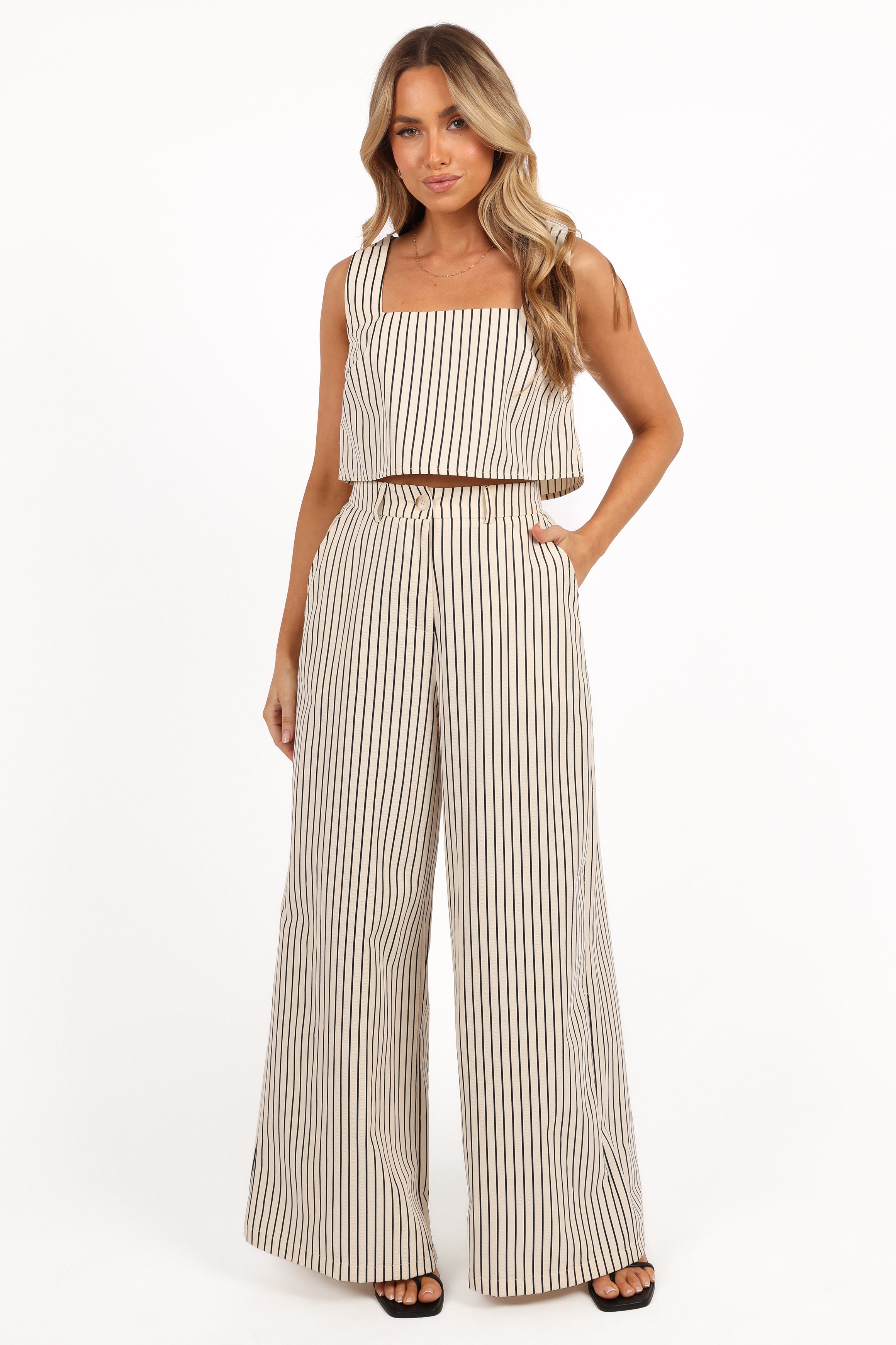 Cream Lili Two Piece Set - Sleeveless Square Neck & Wide Leg Pants