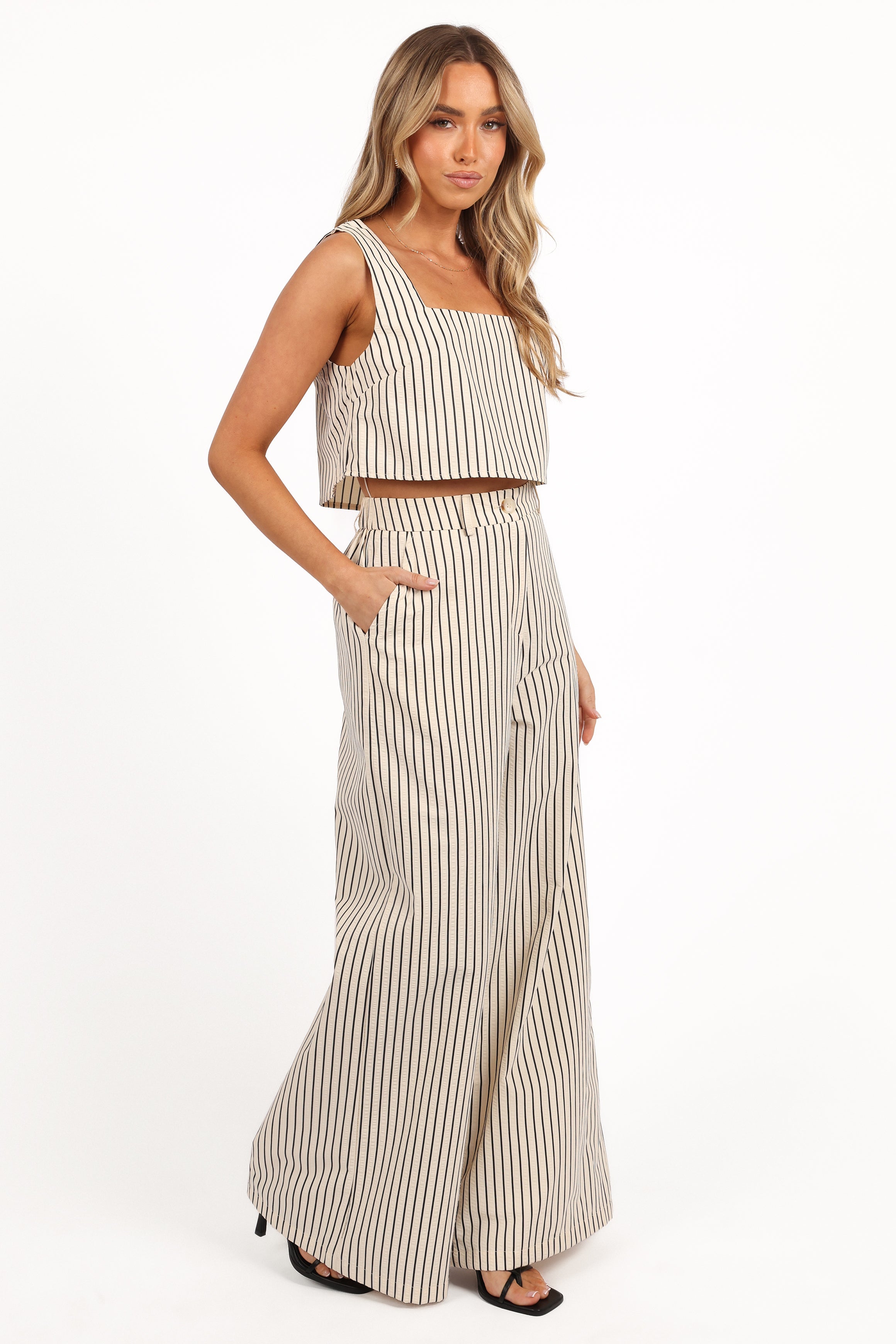 Cream Lili Two Piece Set - Sleeveless Square Neck & Wide Leg Pants