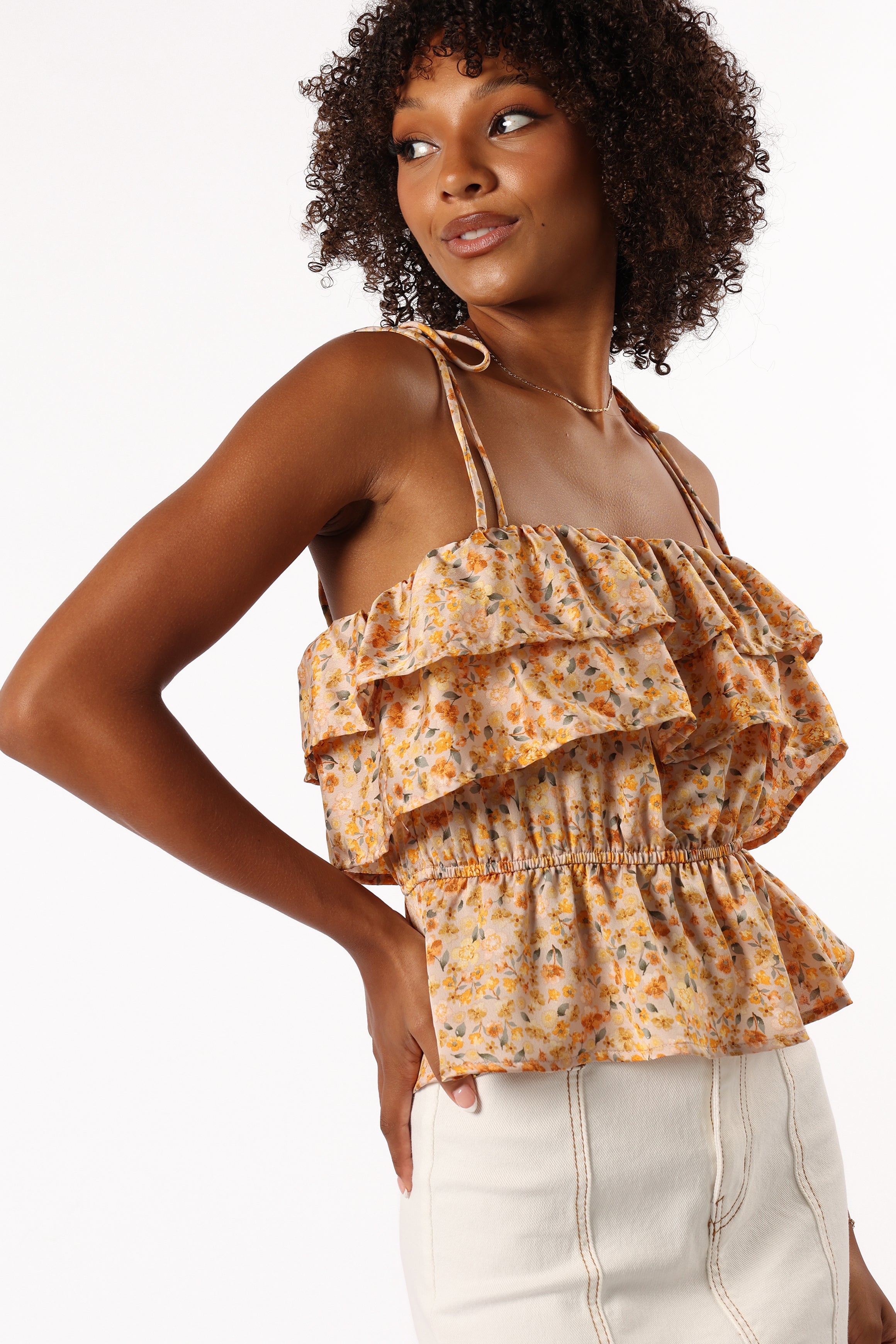 Skyla Floral Ruffle Peplum Top - Taupe Satin Blouse