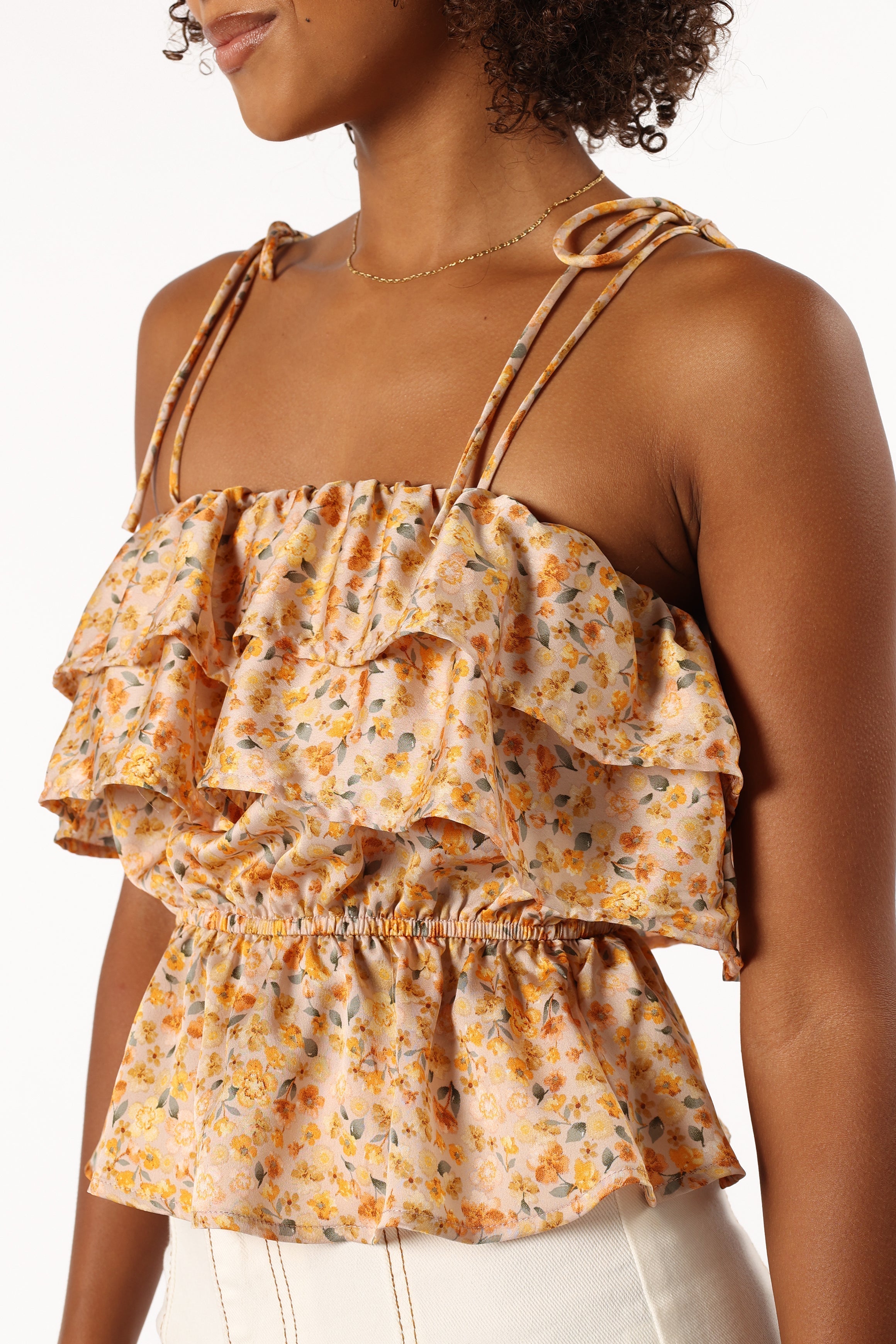 Skyla Floral Ruffle Peplum Top - Taupe Satin Blouse