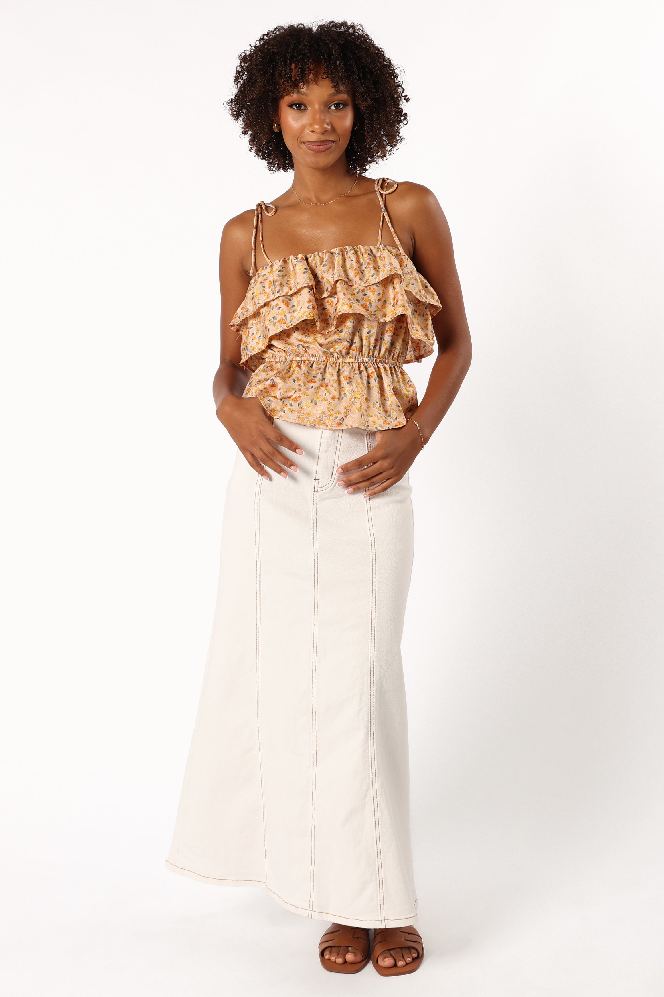 Skyla Floral Ruffle Peplum Top - Taupe Satin Blouse