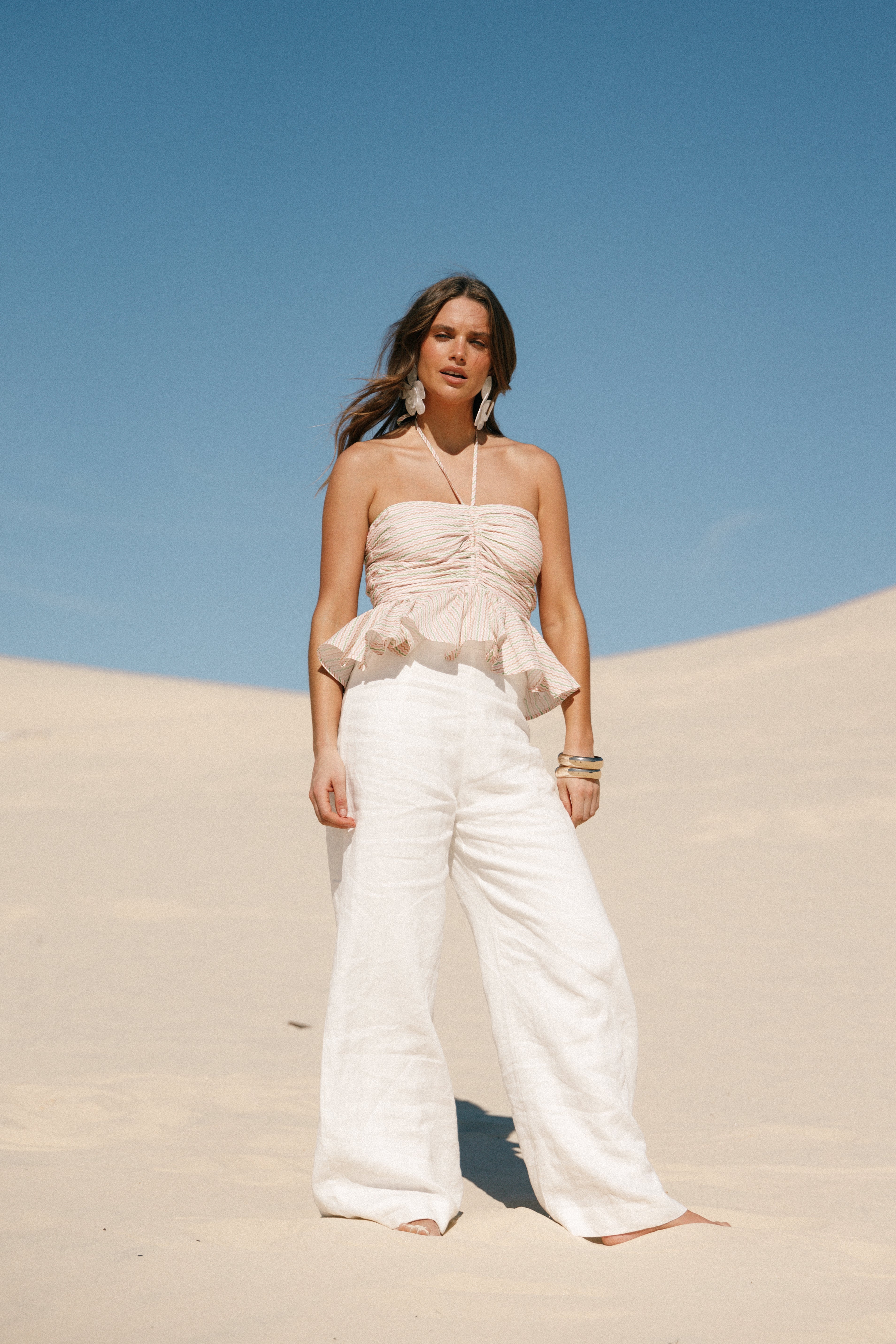 Cropped Halter Top with Wave Stripe - Yulia Cotton Blouse