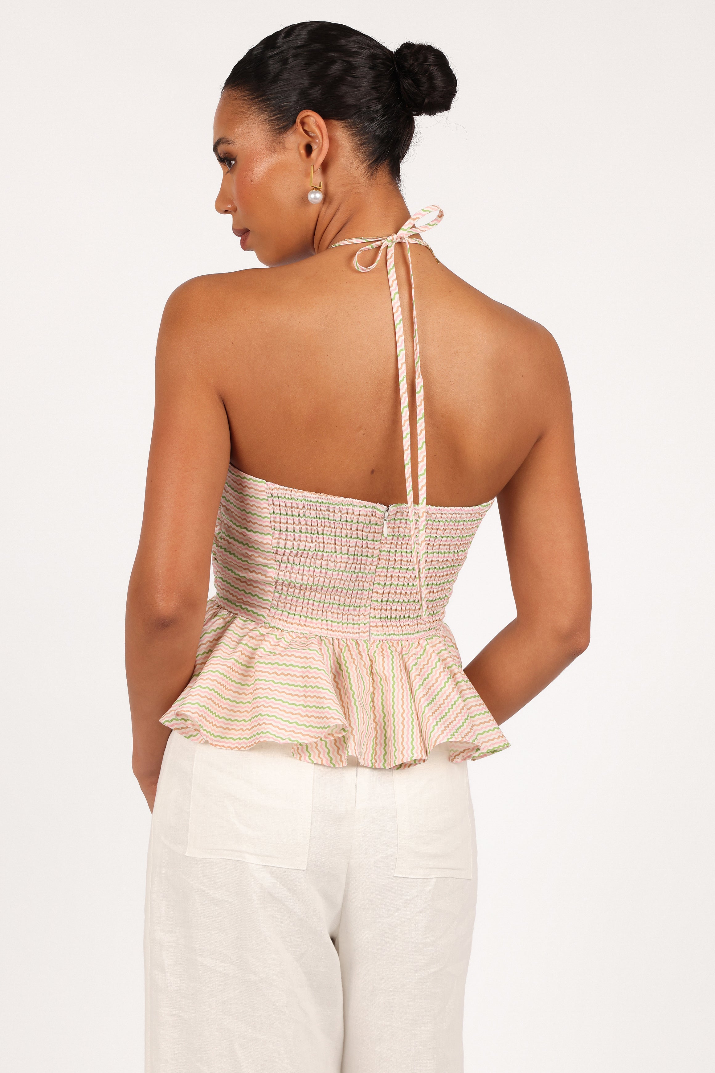 Cropped Halter Top with Wave Stripe - Yulia Cotton Blouse