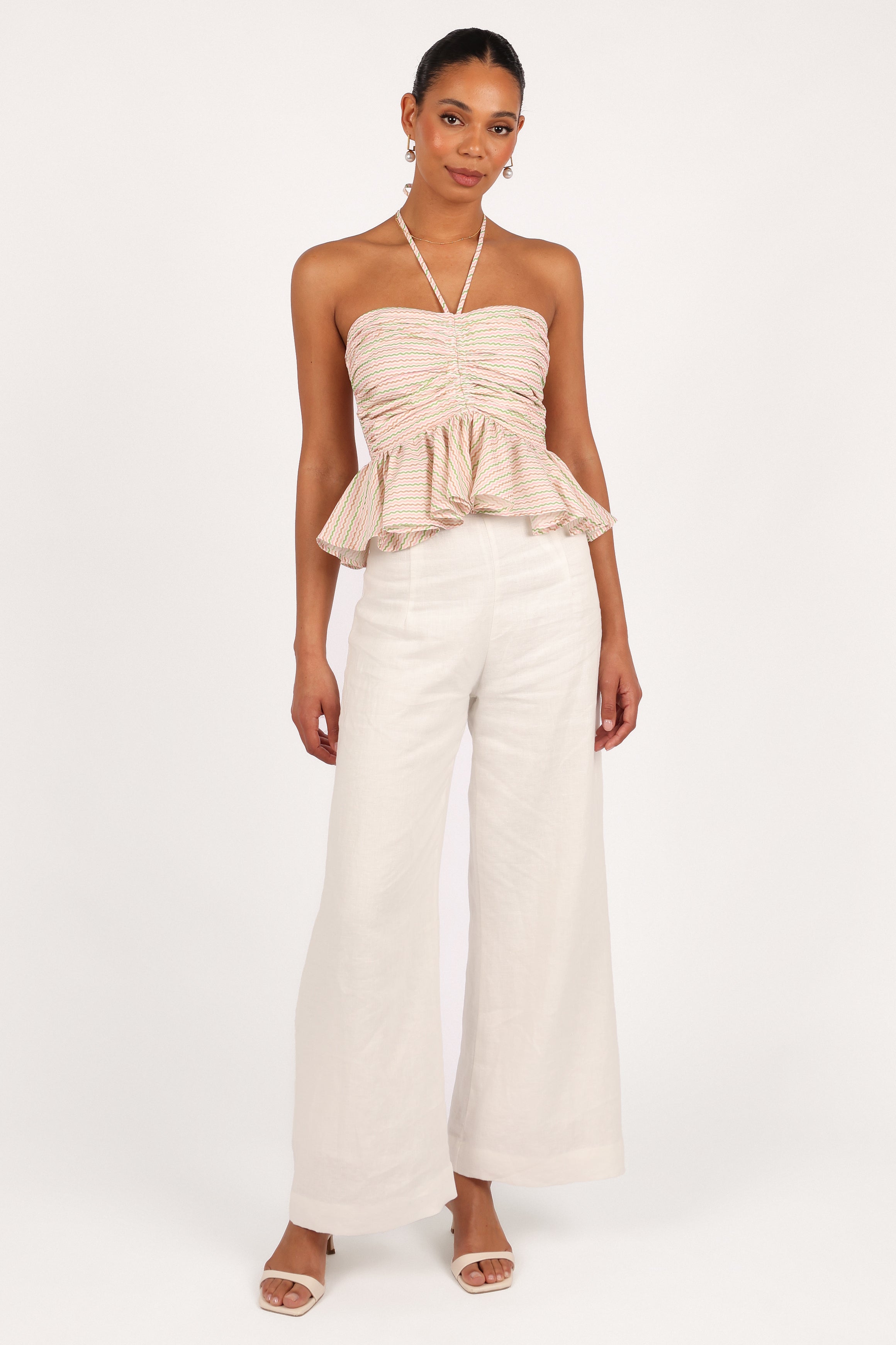 Cropped Halter Top with Wave Stripe - Yulia Cotton Blouse