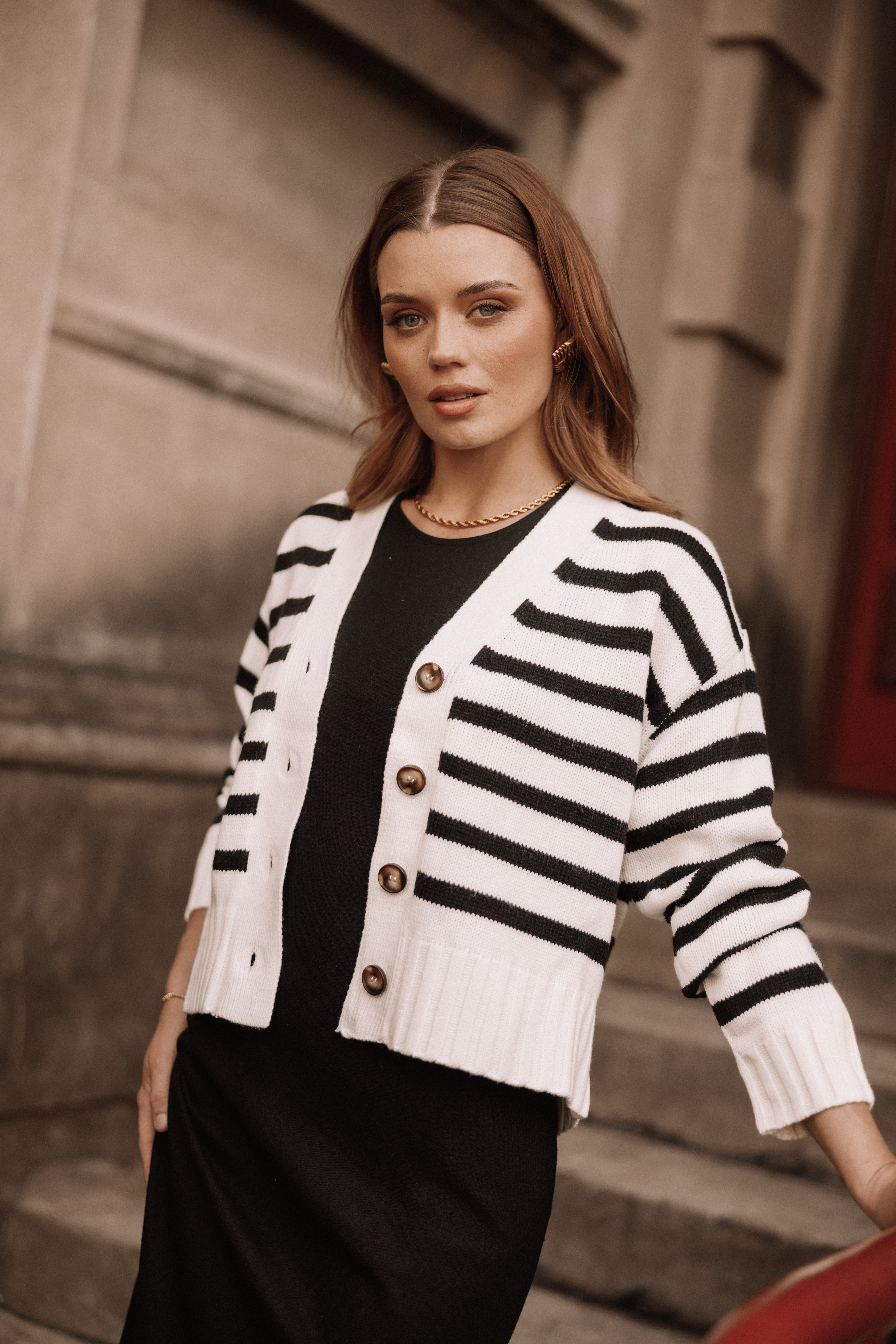 Women's Striped Cropped Cardigan - Kallen Button Front Knit Sweater
