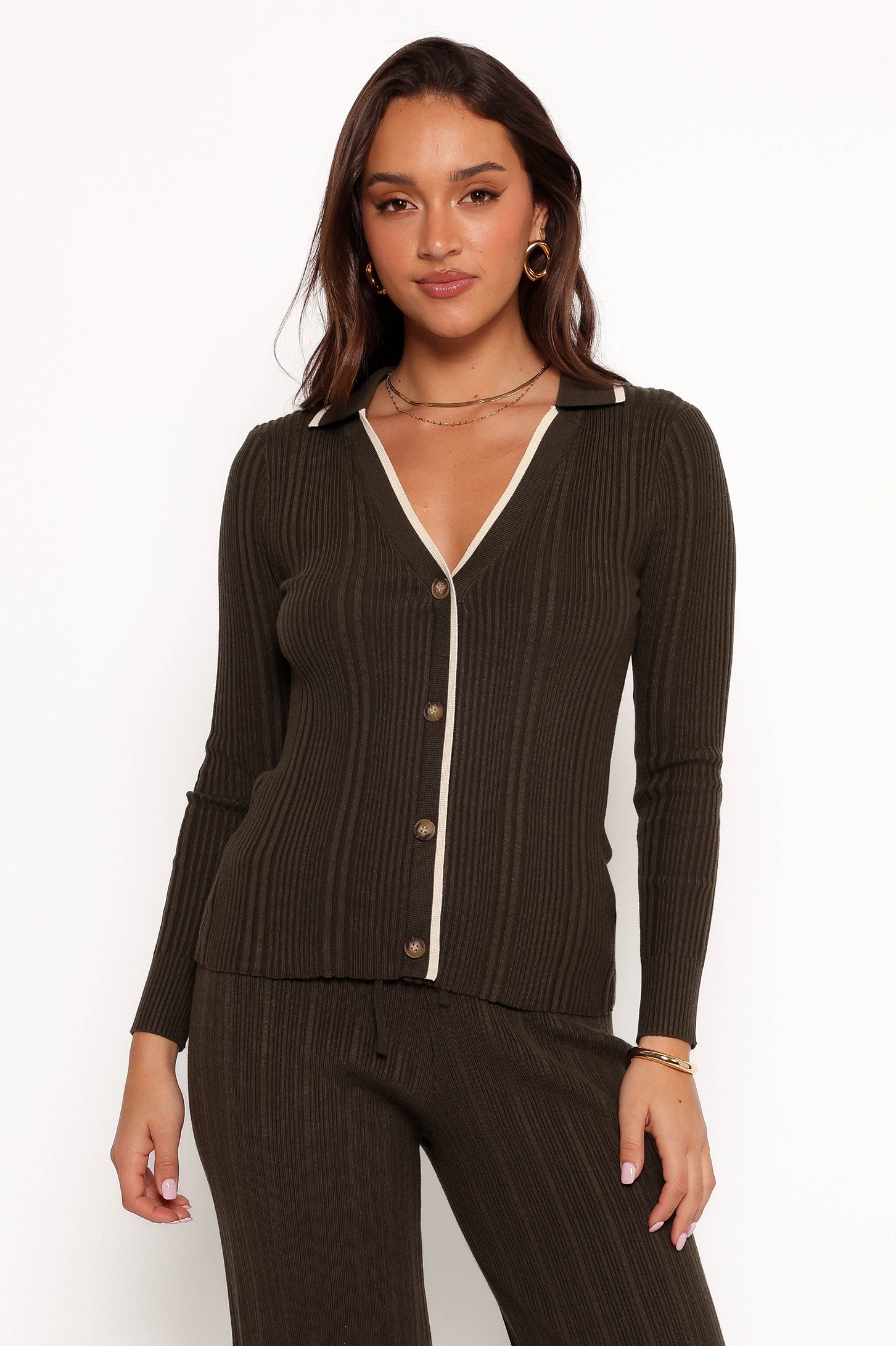 Alondra Olive V-Neck Cardigan Knit Top - Ribbed Collared Long Sleeve