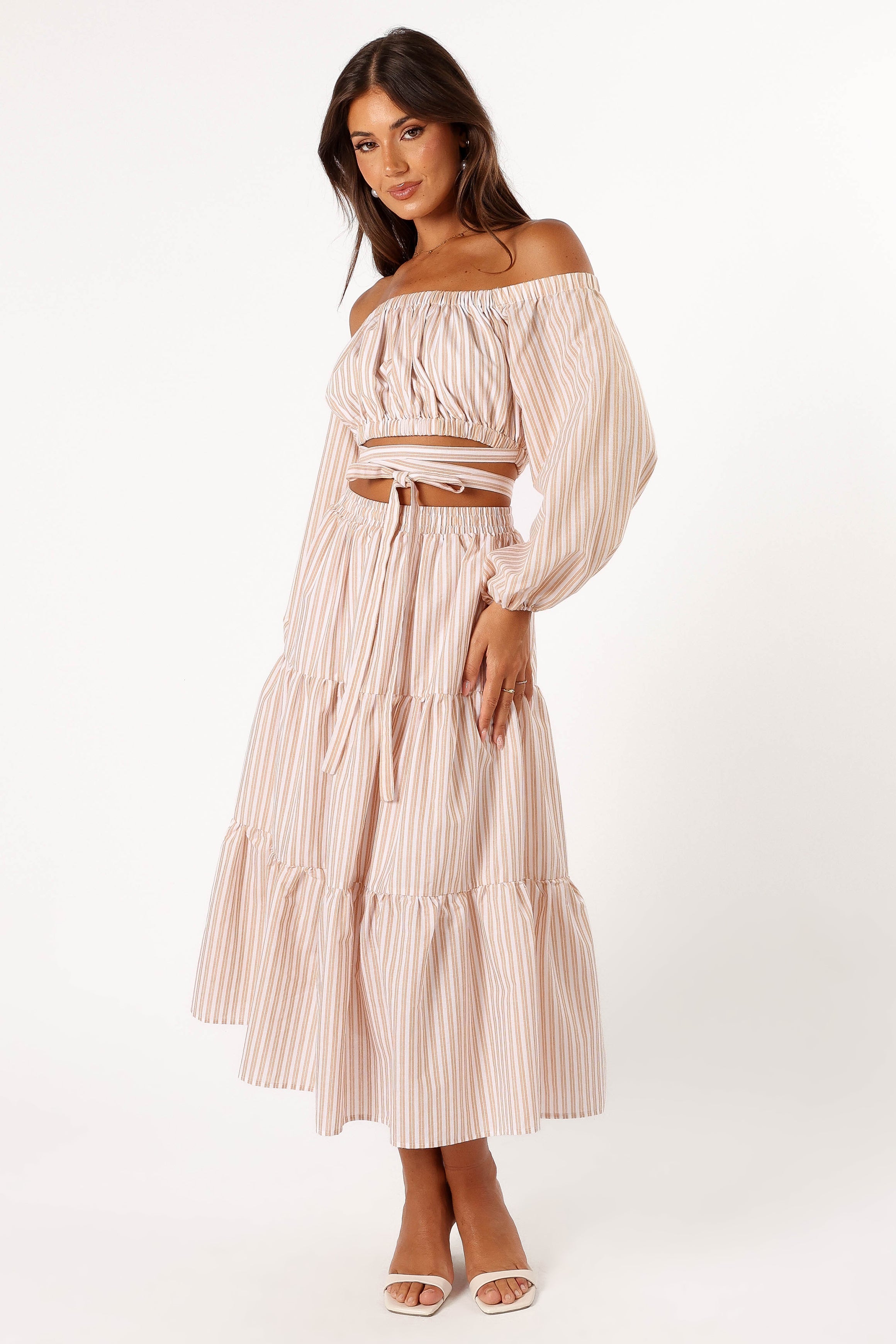 Beige Ivory Emilia Wrap Top - Cropped Off Shoulder Blouse