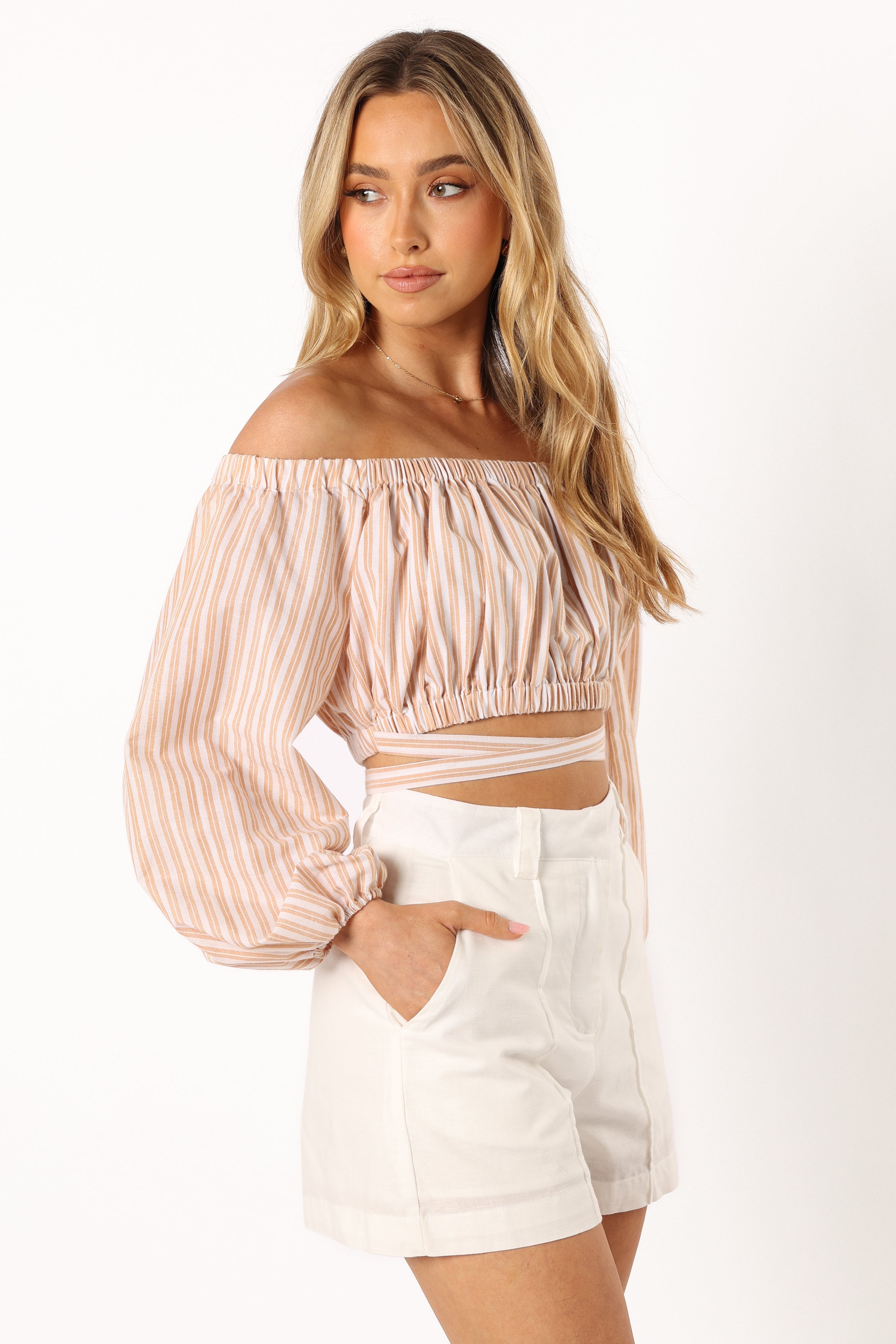 Beige Ivory Emilia Wrap Top - Cropped Off Shoulder Blouse