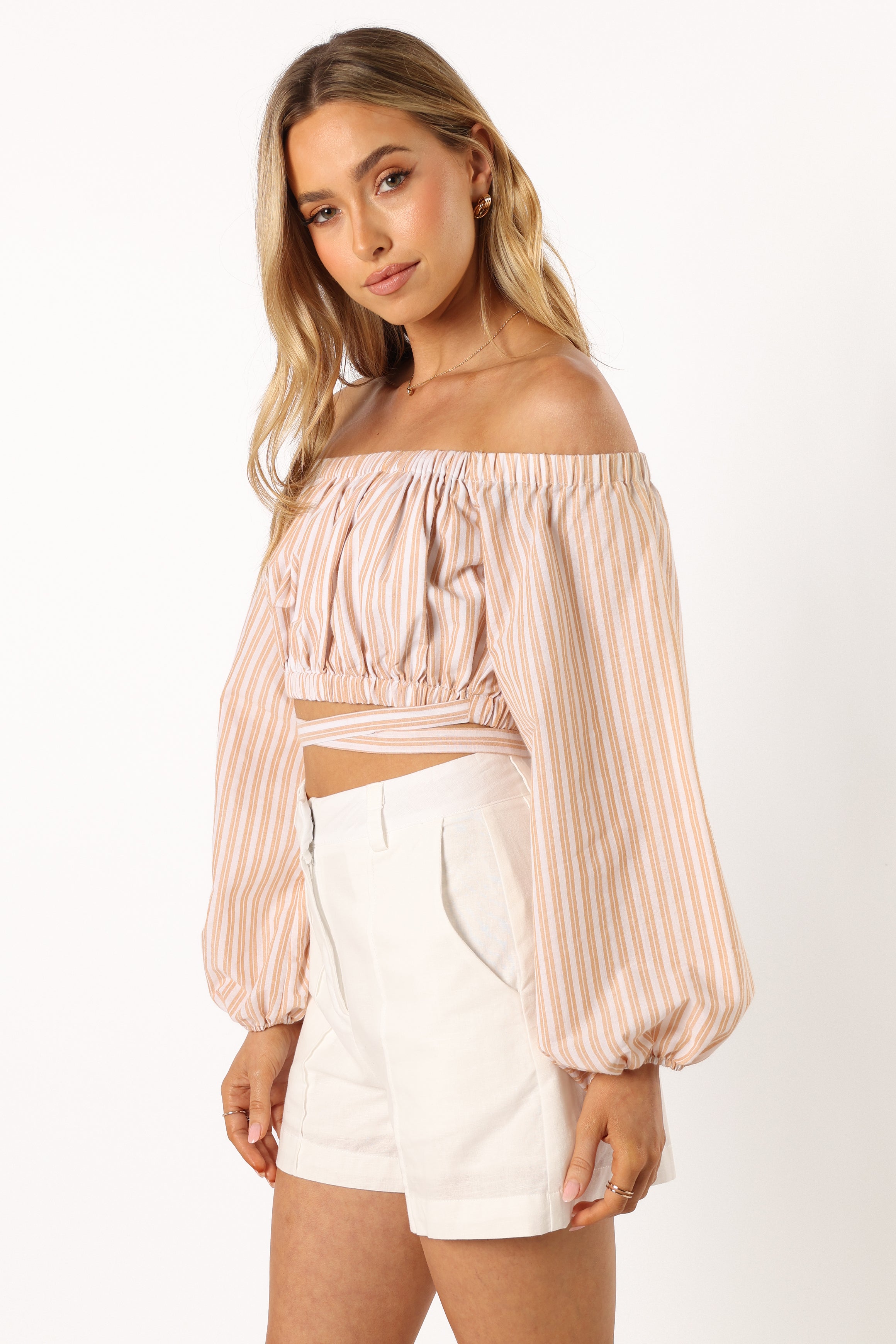 Beige Ivory Emilia Wrap Top - Cropped Off Shoulder Blouse