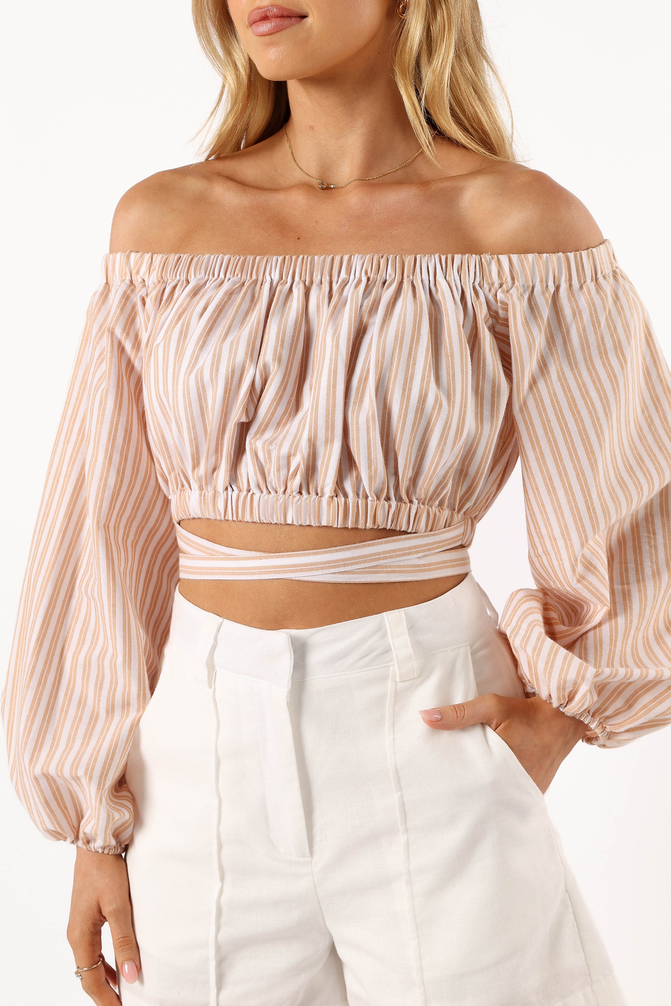 Beige Ivory Emilia Wrap Top - Cropped Off Shoulder Blouse