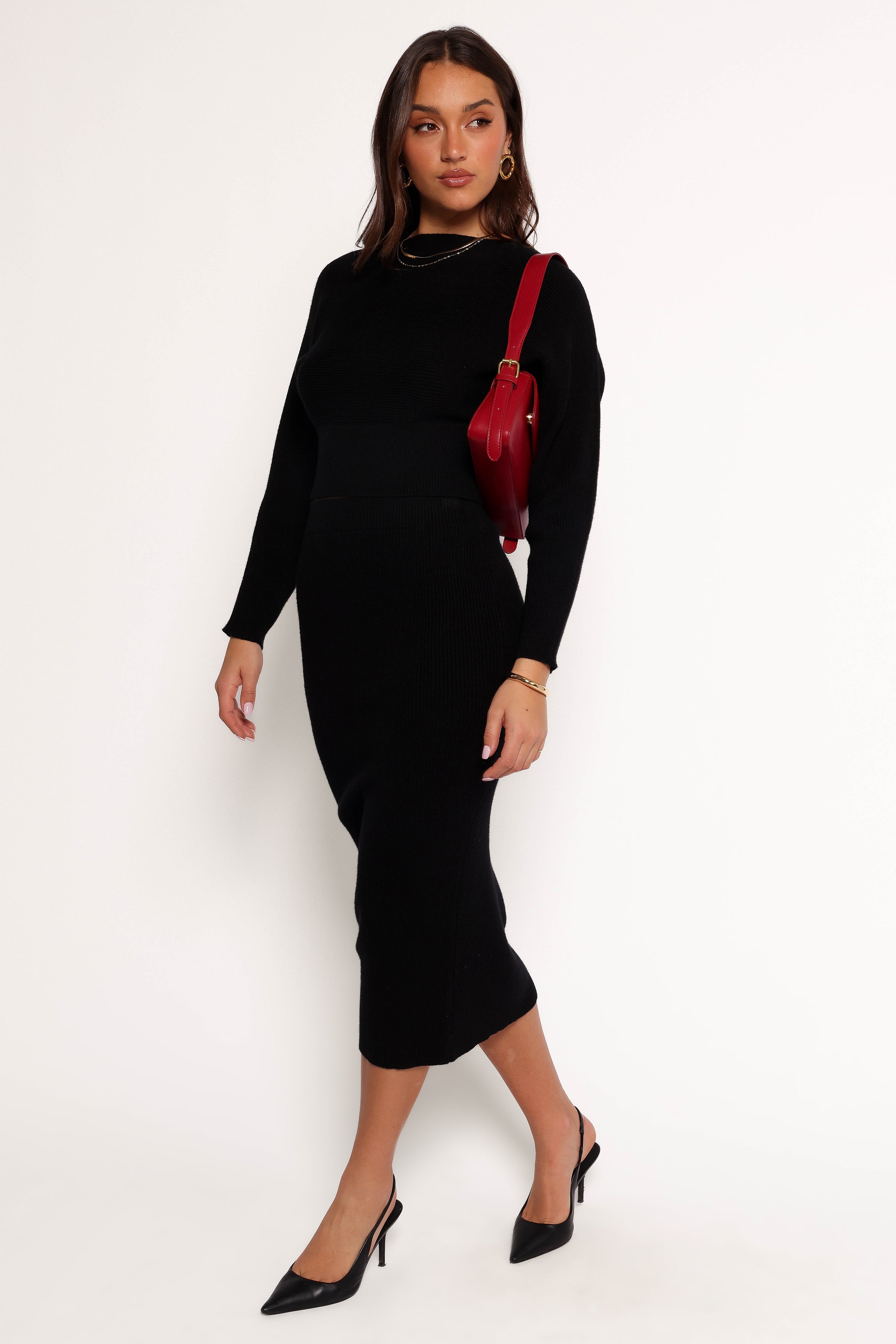 Black Serena Knit Top & Skirt Set - Cropped & Midi Length