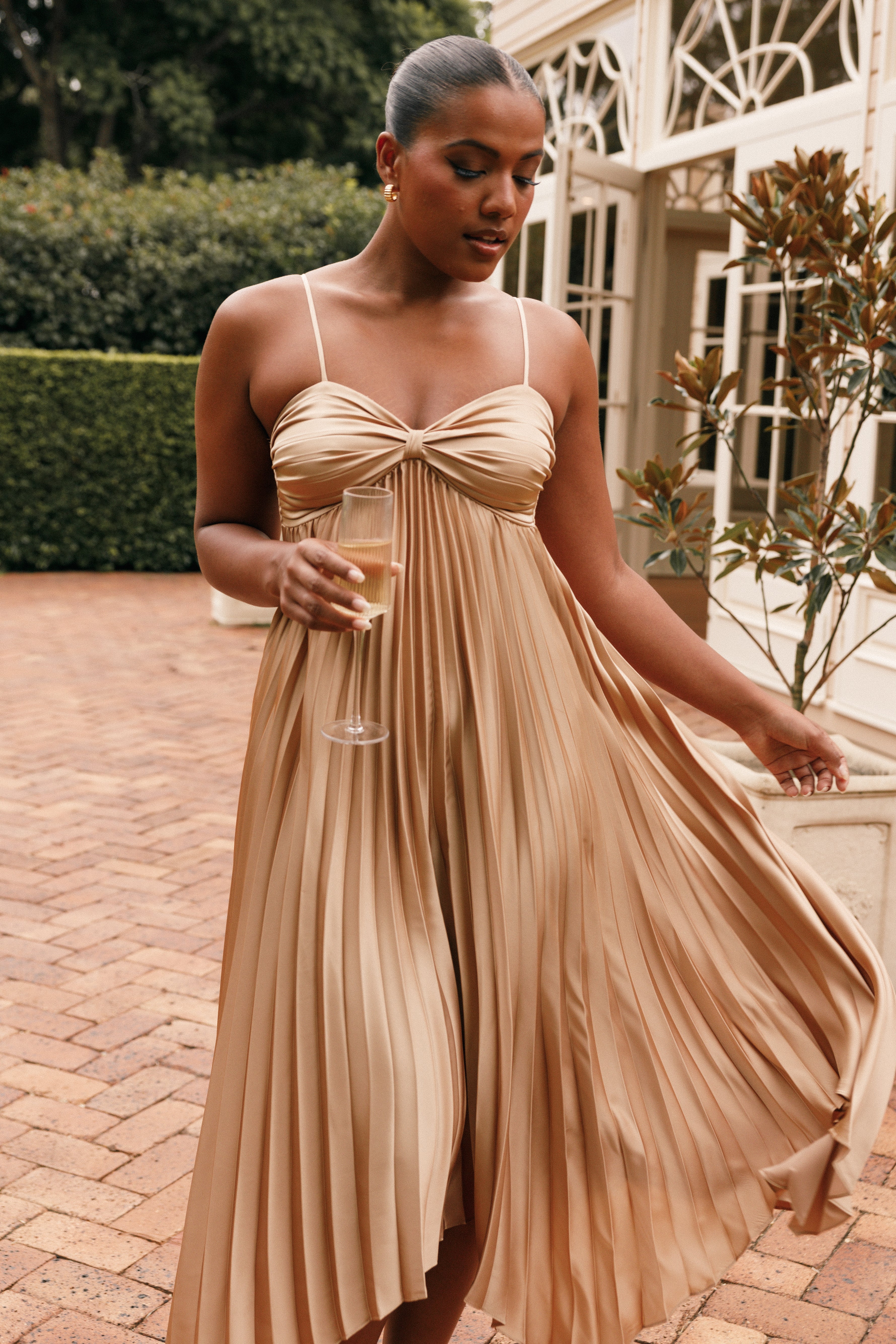 Gold Midi Dress with Sweetheart Neckline & Adjustable Straps - Vikki