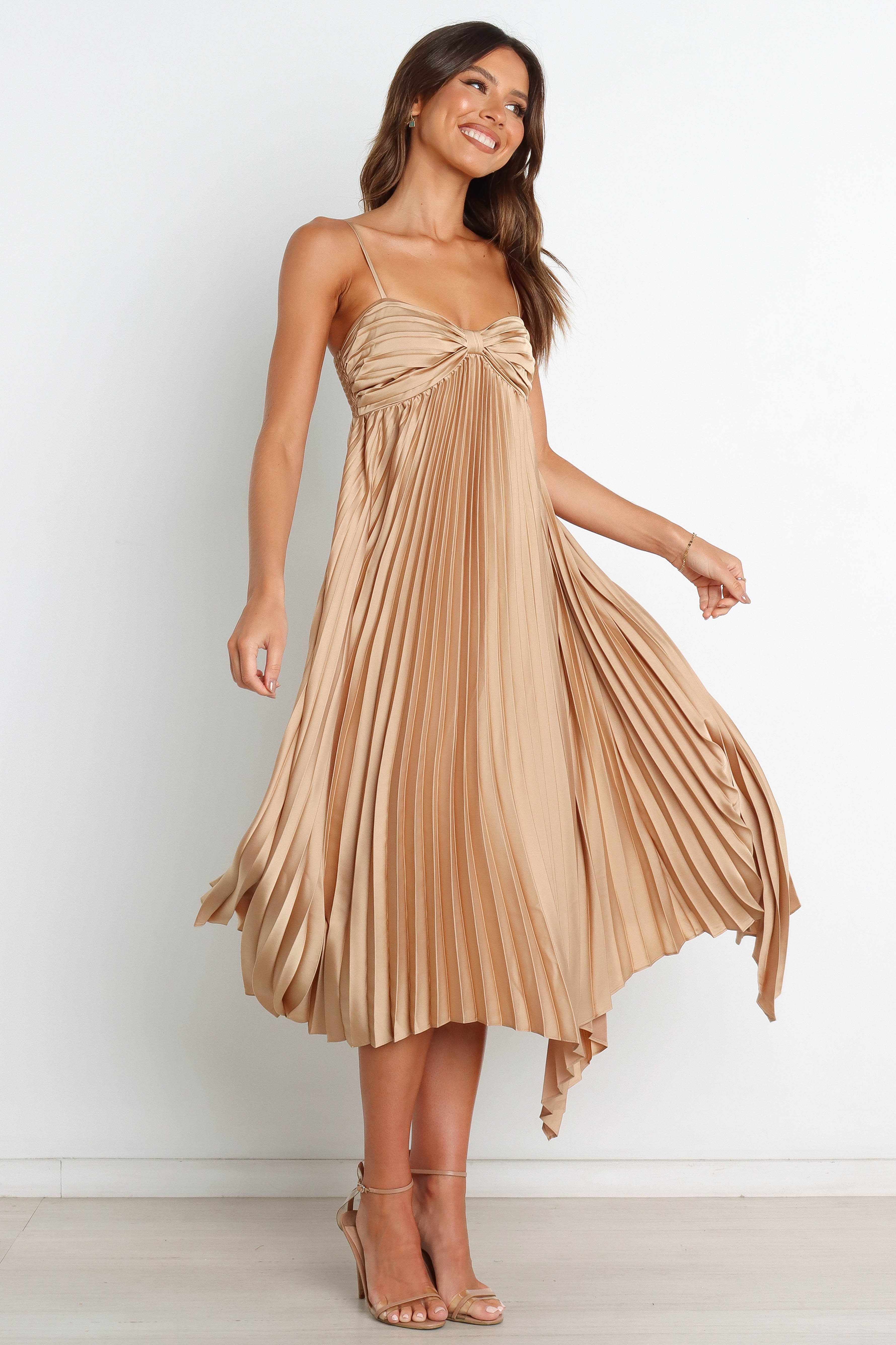 Gold Midi Dress with Sweetheart Neckline & Adjustable Straps - Vikki