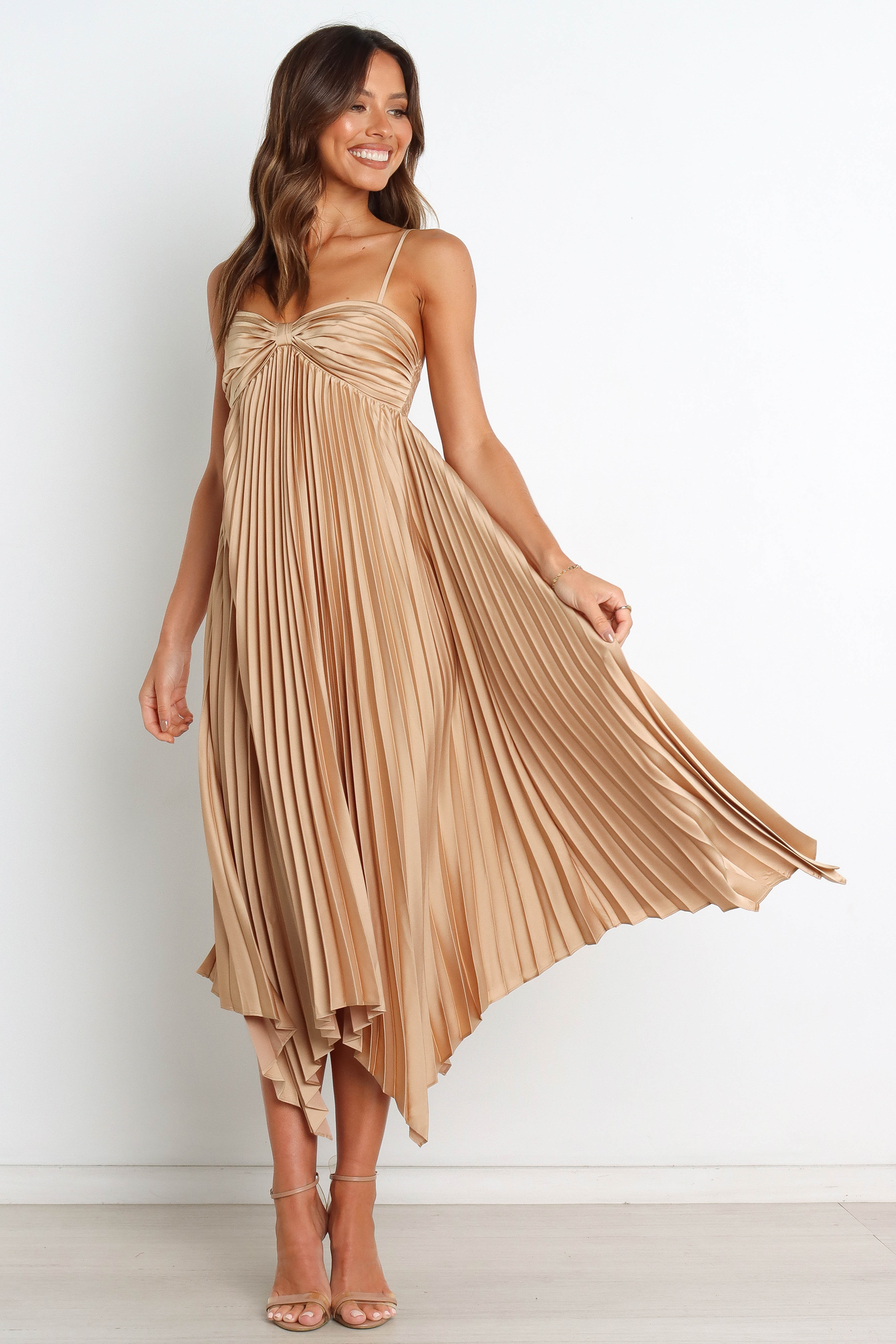 Gold Midi Dress with Sweetheart Neckline & Adjustable Straps - Vikki