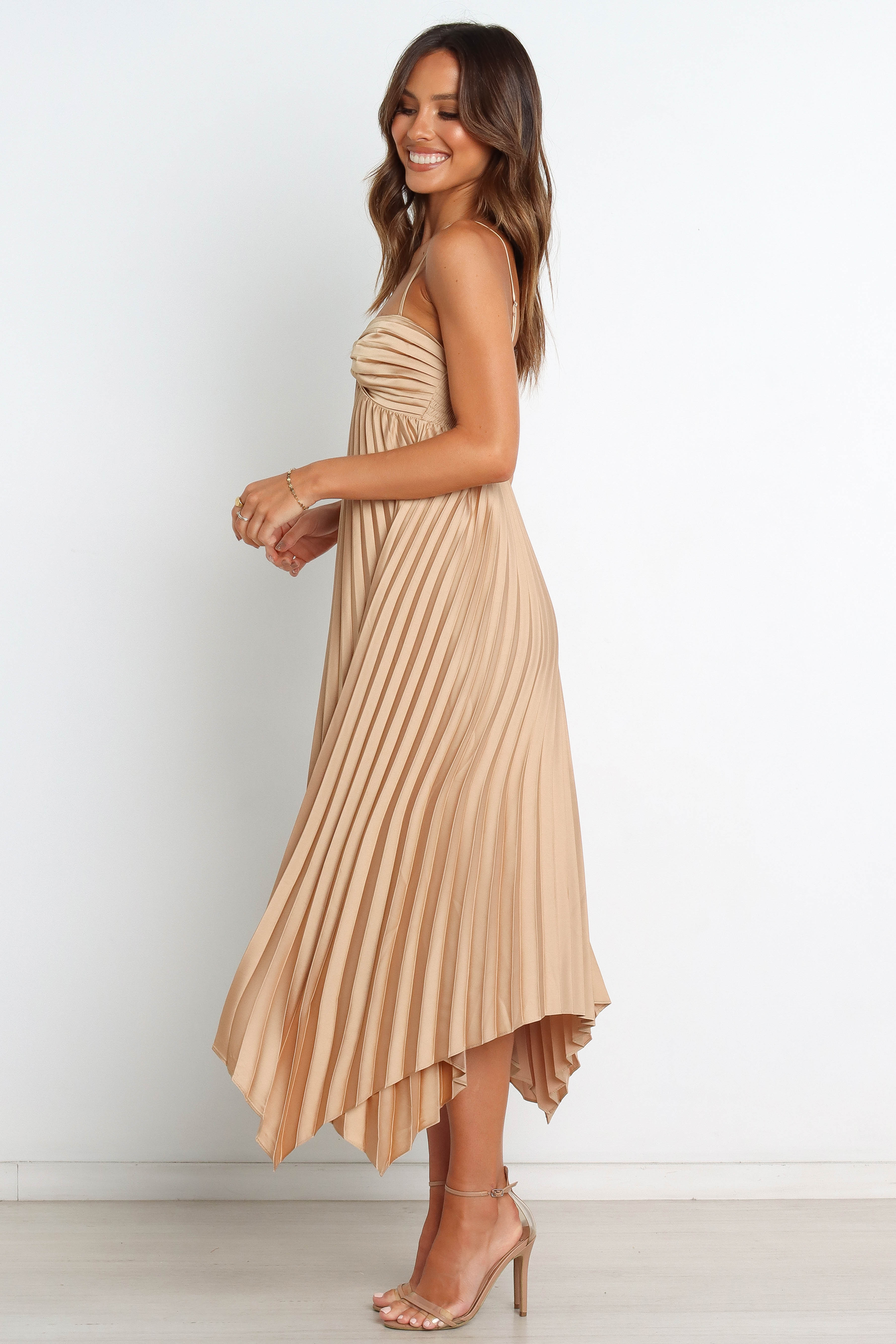 Gold Midi Dress with Sweetheart Neckline & Adjustable Straps - Vikki