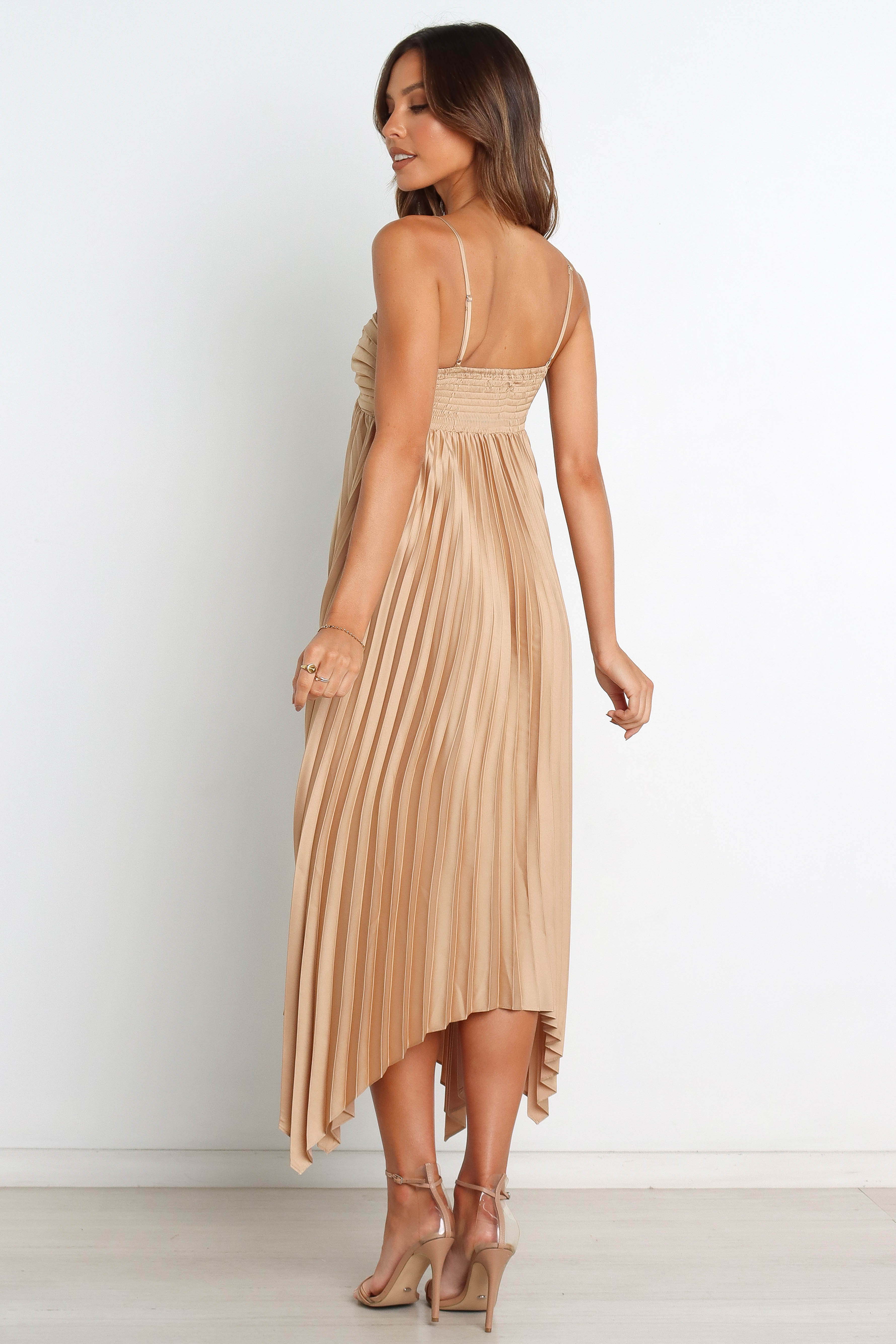 Gold Midi Dress with Sweetheart Neckline & Adjustable Straps - Vikki
