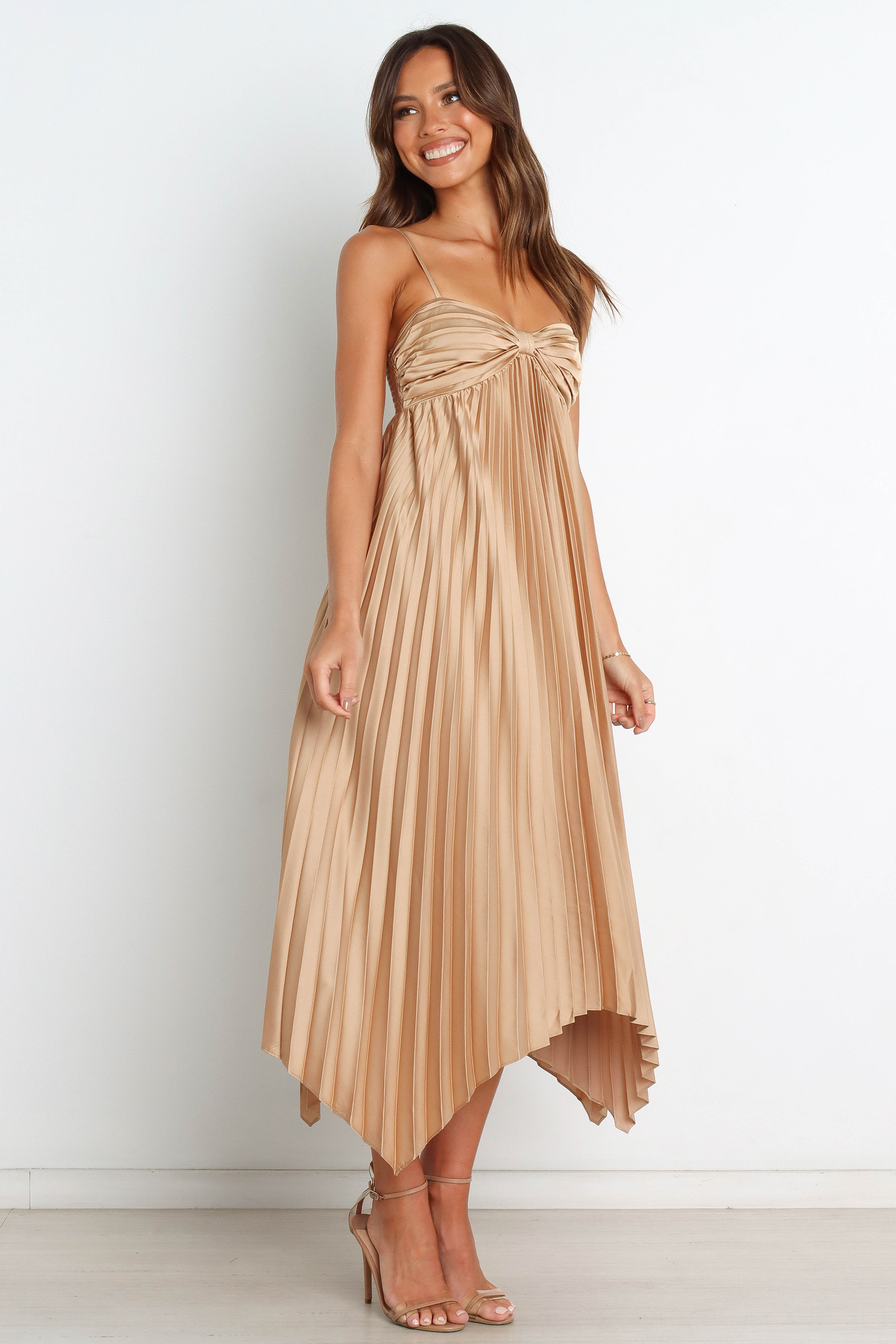 Gold Midi Dress with Sweetheart Neckline & Adjustable Straps - Vikki