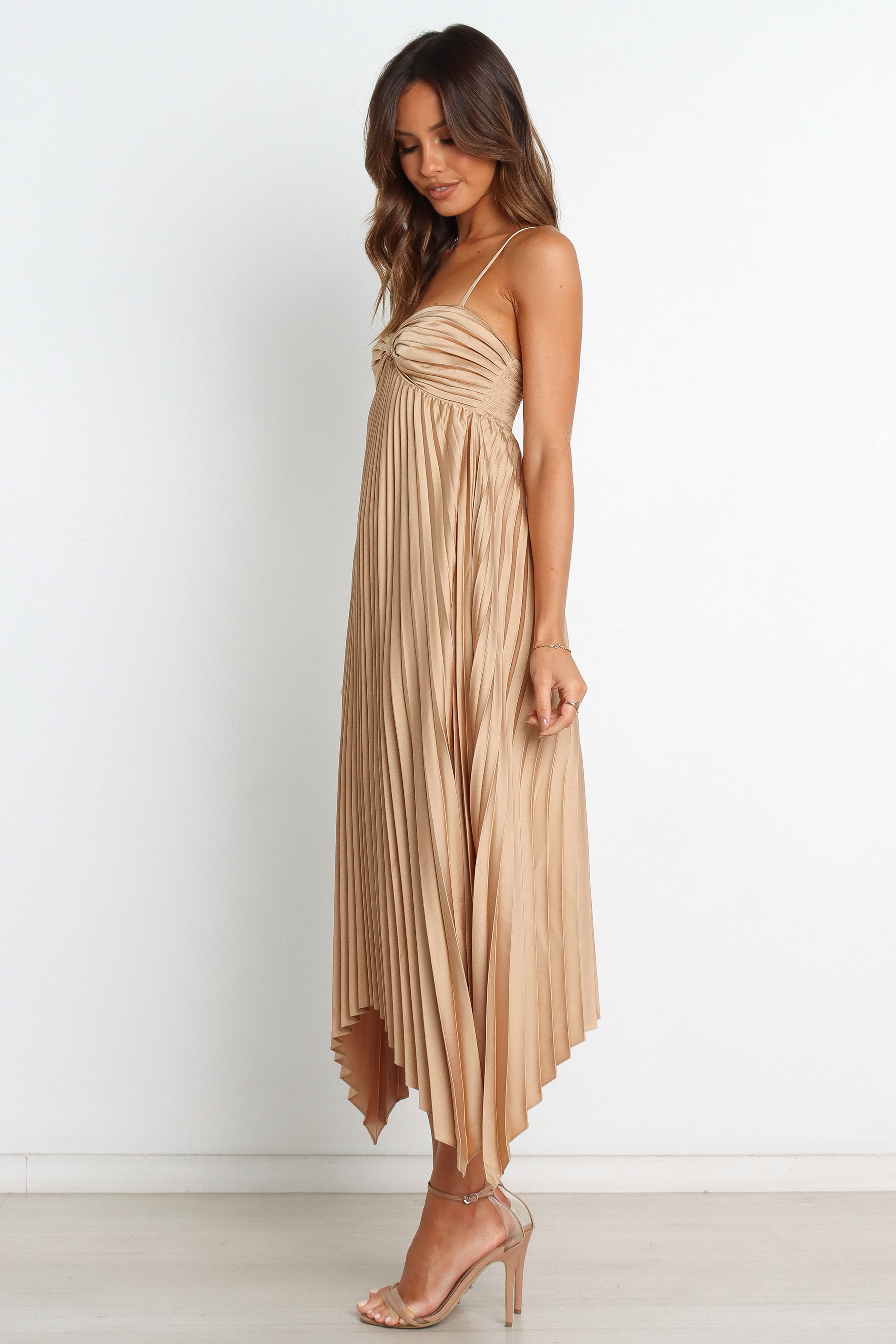 Gold Midi Dress with Sweetheart Neckline & Adjustable Straps - Vikki