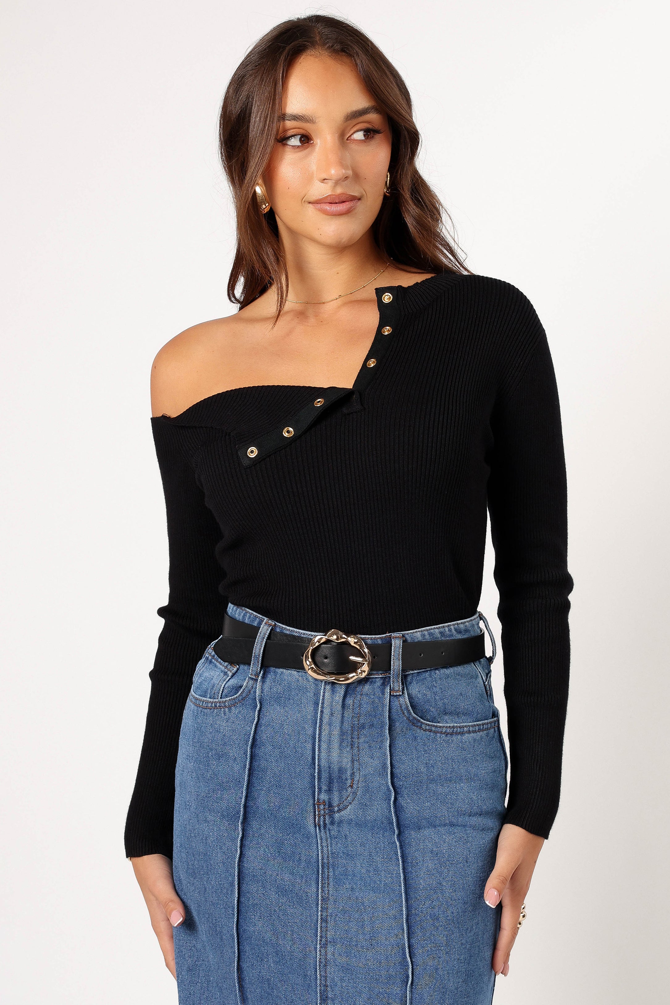 Black One Shoulder Top with Asymmetrical Neckline & Long Sleeves