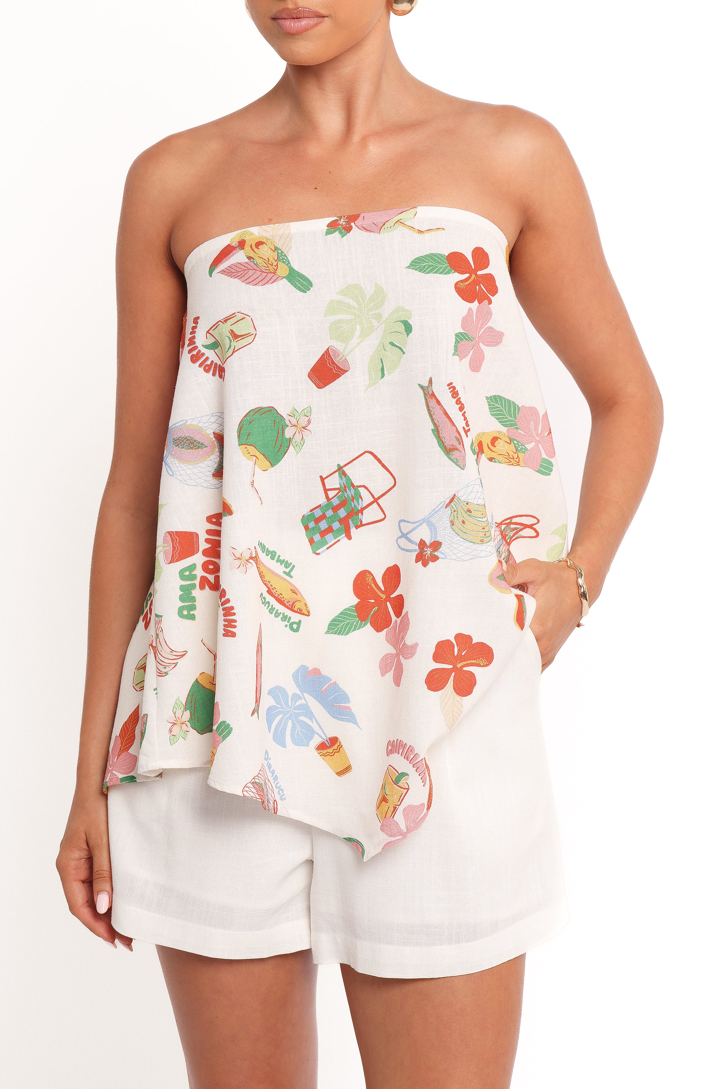 Strapless Top - Alfresco Print Rayon Linen Summer Blouse