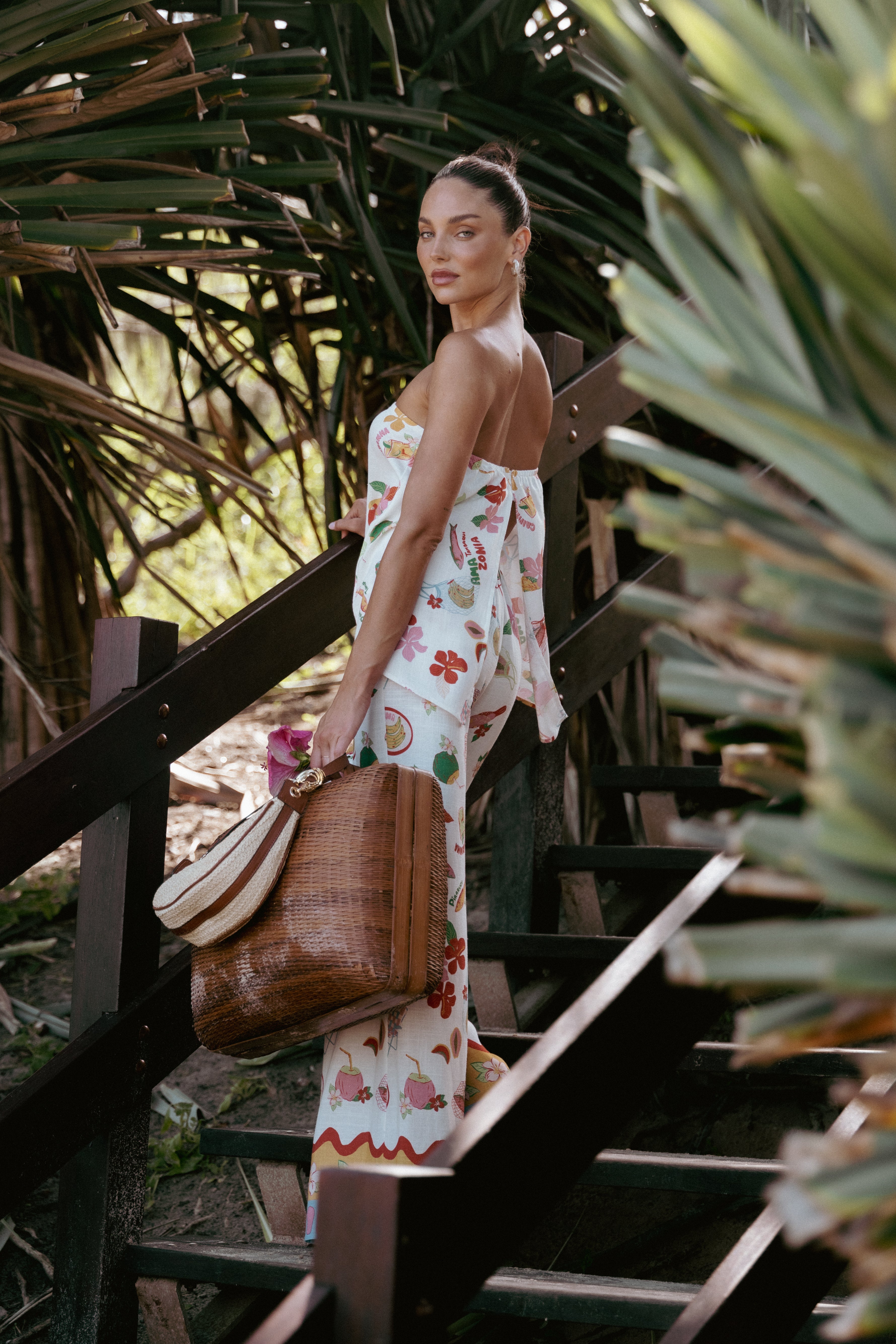 Strapless Top - Alfresco Print Rayon Linen Summer Blouse