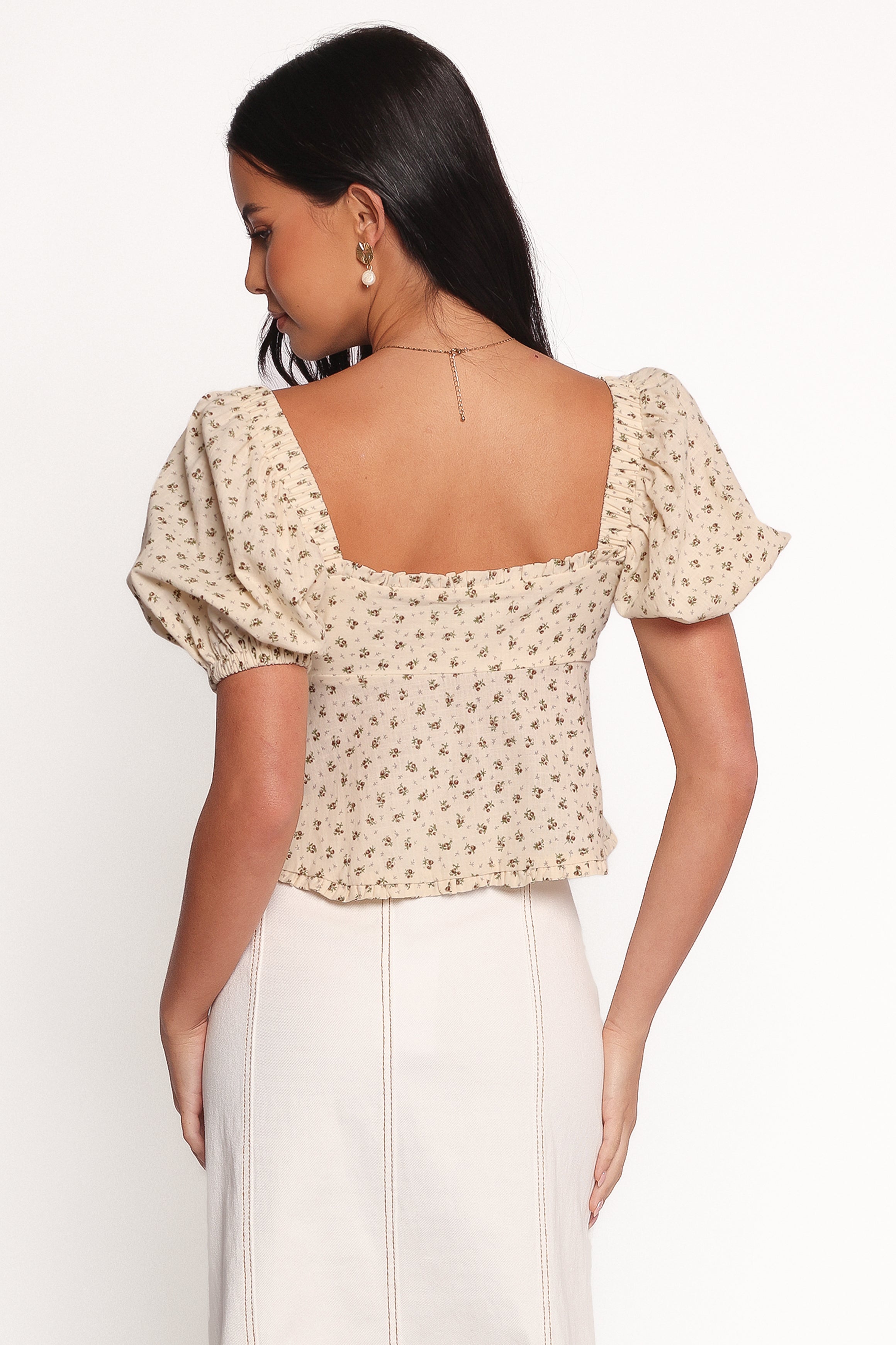 Floral Maud Top - Cream Brown Cropped Blouse with Square Neck