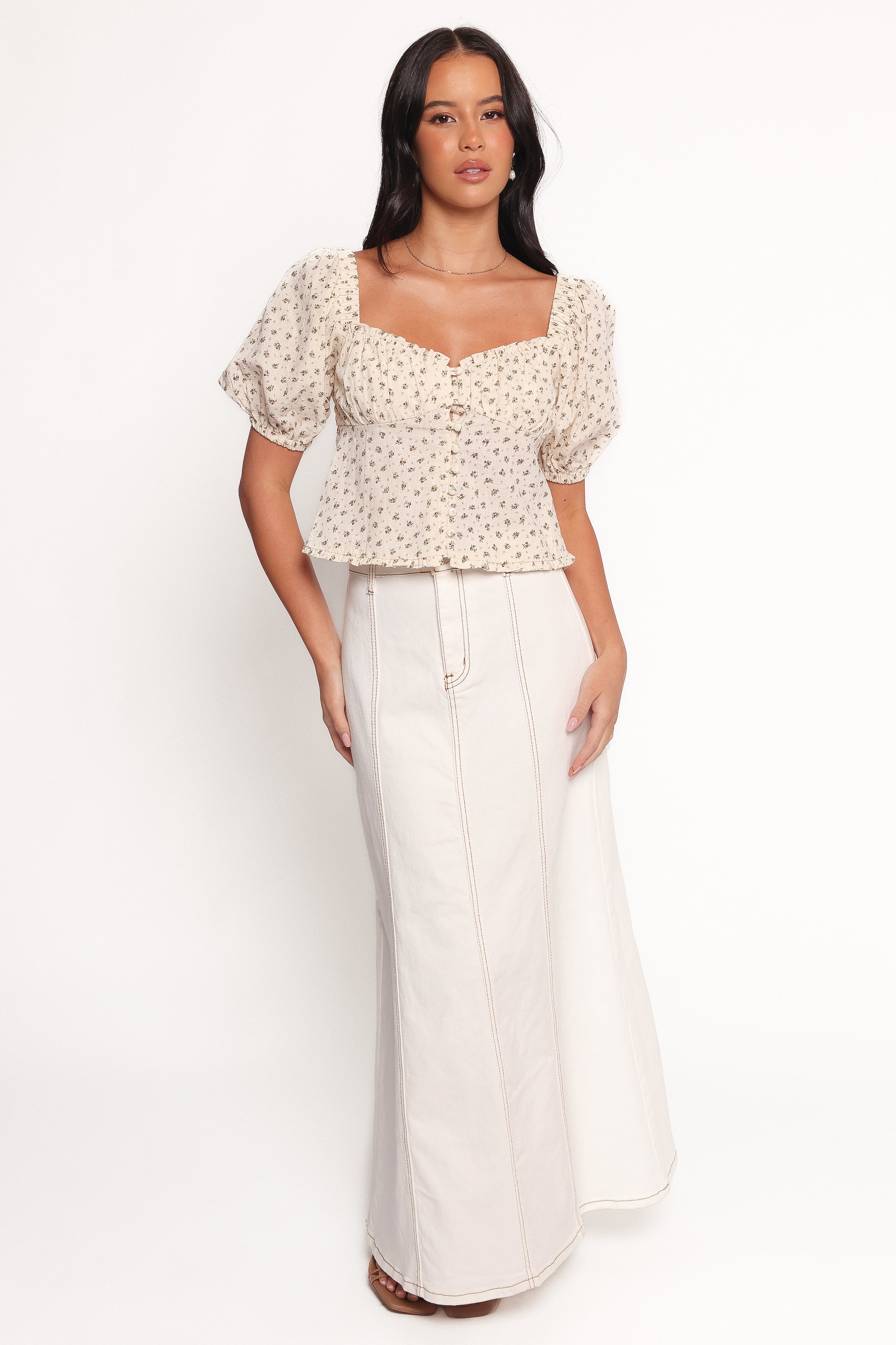 Floral Maud Top - Cream Brown Cropped Blouse with Square Neck