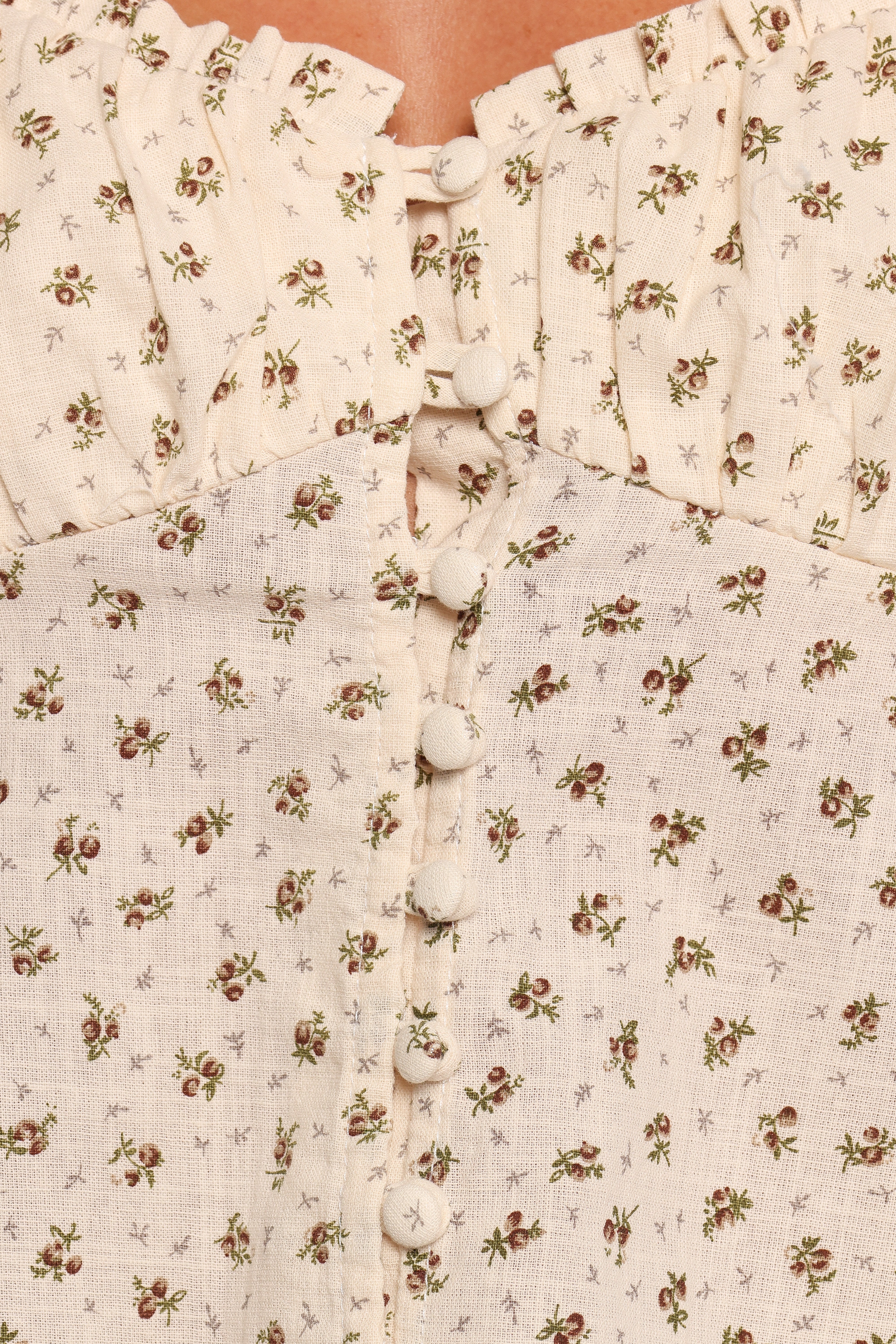 Floral Maud Top - Cream Brown Cropped Blouse with Square Neck