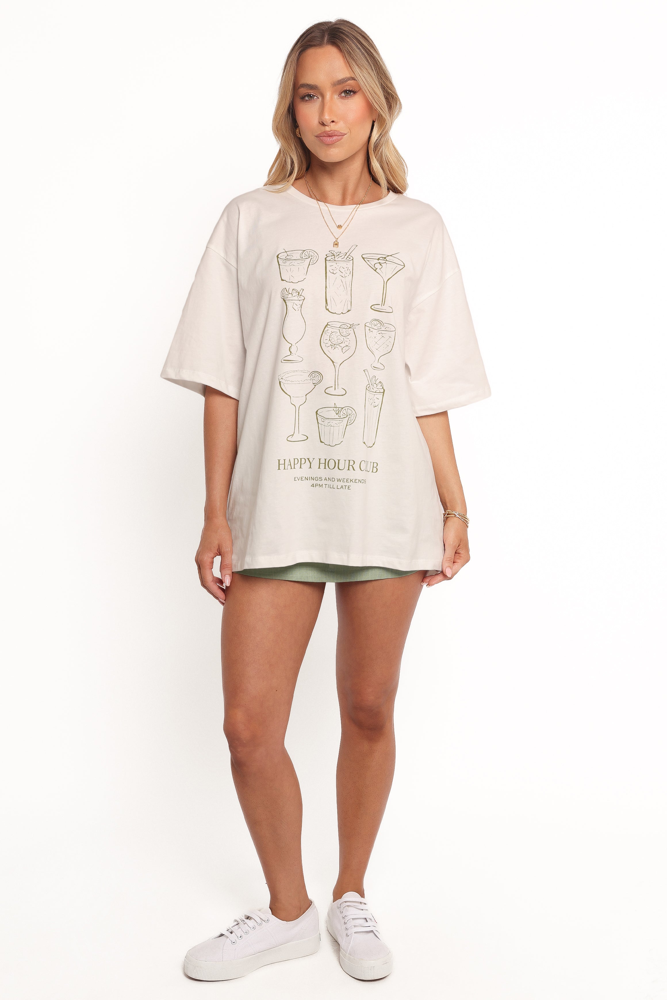 Women's Oversized Happy Hour Graphic Tee - White Cotton T-Shirt