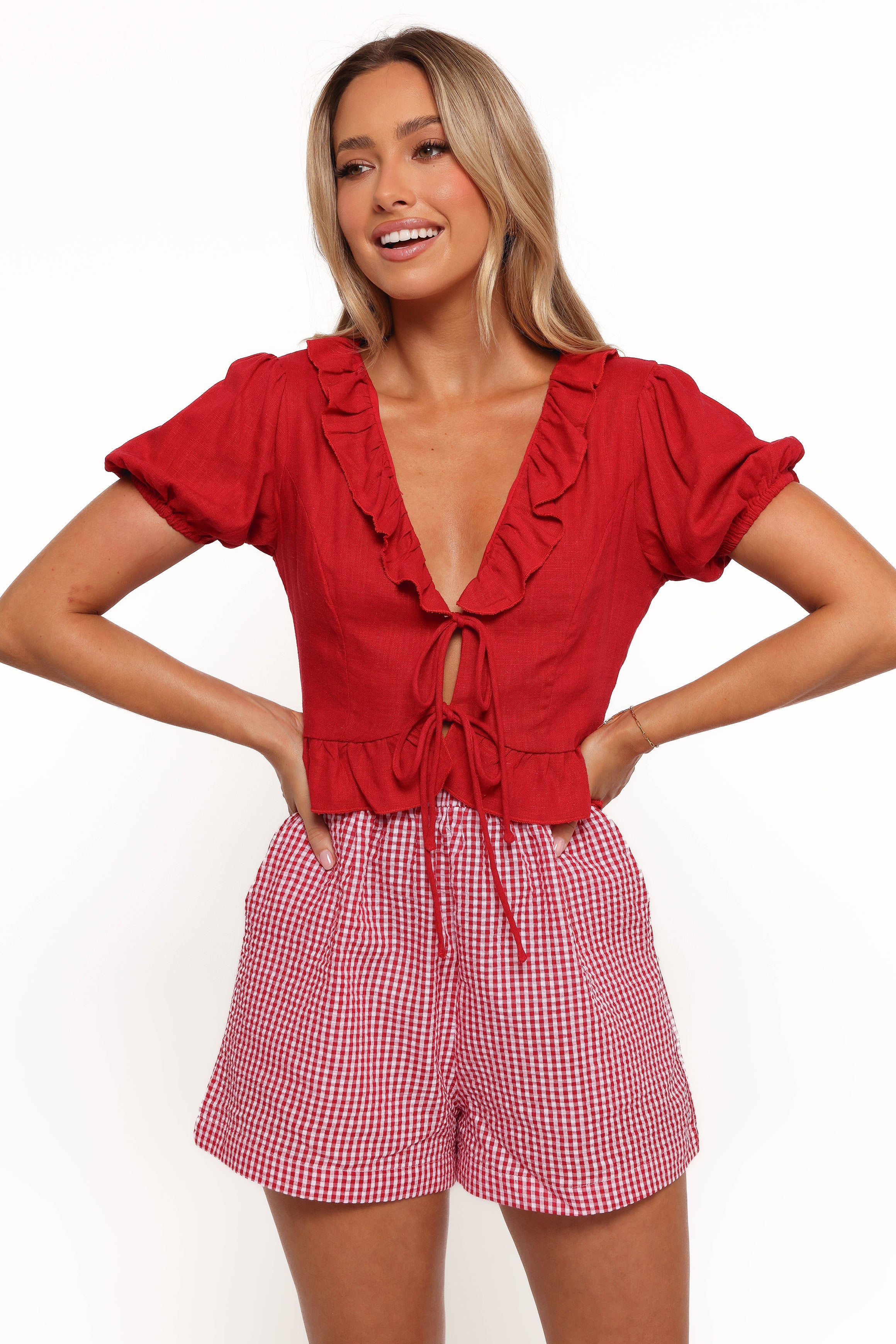 Red Andra Women's Tie-Front Top with Frill V-Neck & Short Sleeves