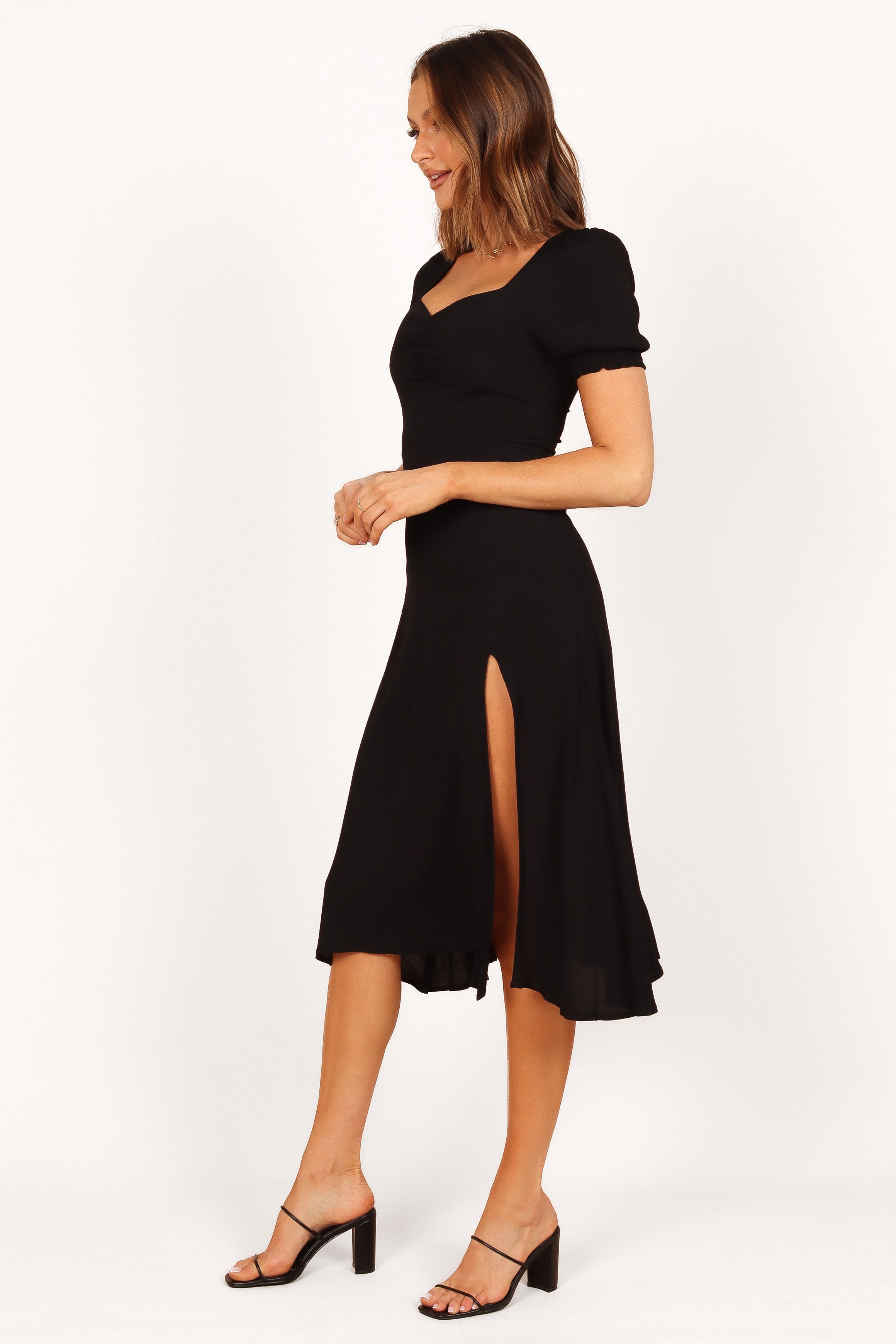 Franklin Midi Dress with Ruched Bust and Front Split - Ebony
