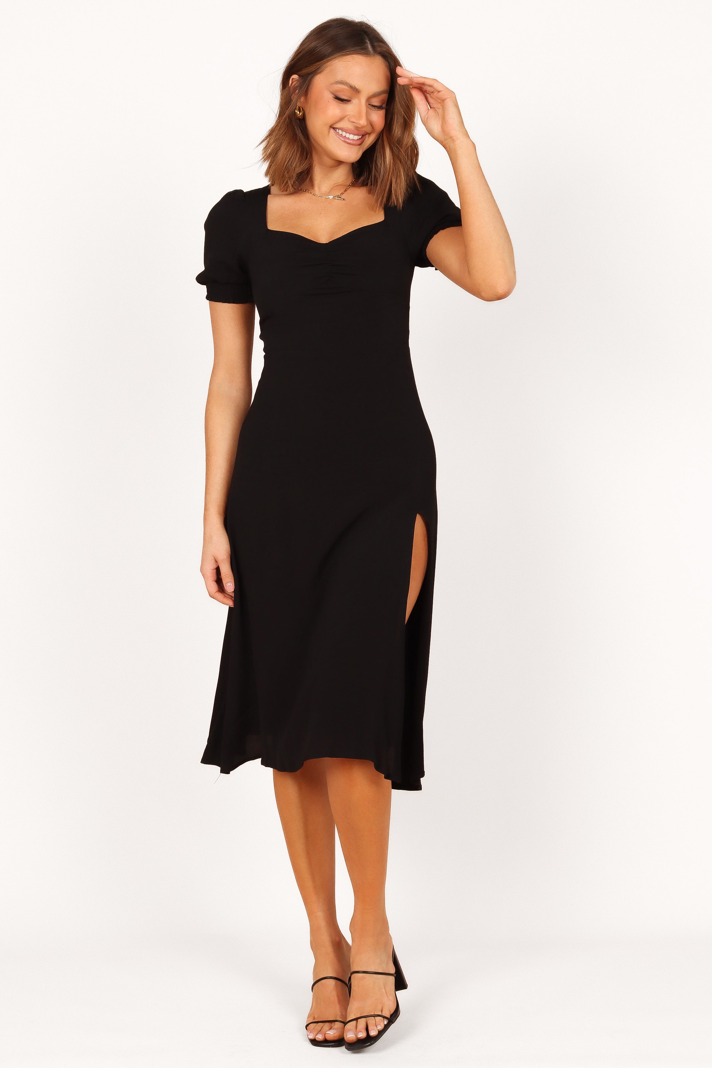 Franklin Midi Dress with Ruched Bust and Front Split - Ebony